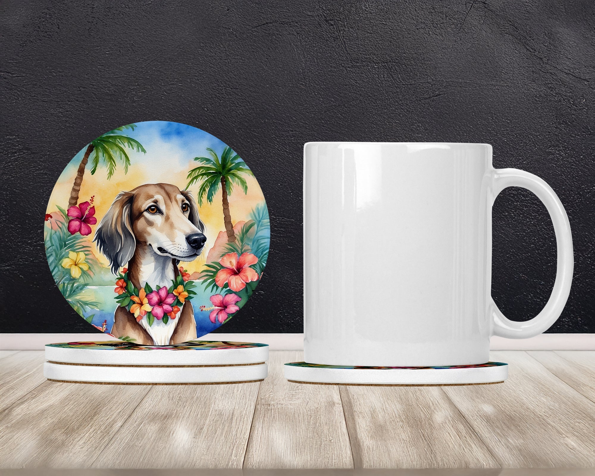 Saluki Luau Large Sandstone Coasters Pack of 4 Absorbent Round Coasters Decor Gifts for Men or Women, 4 in, Multicolor