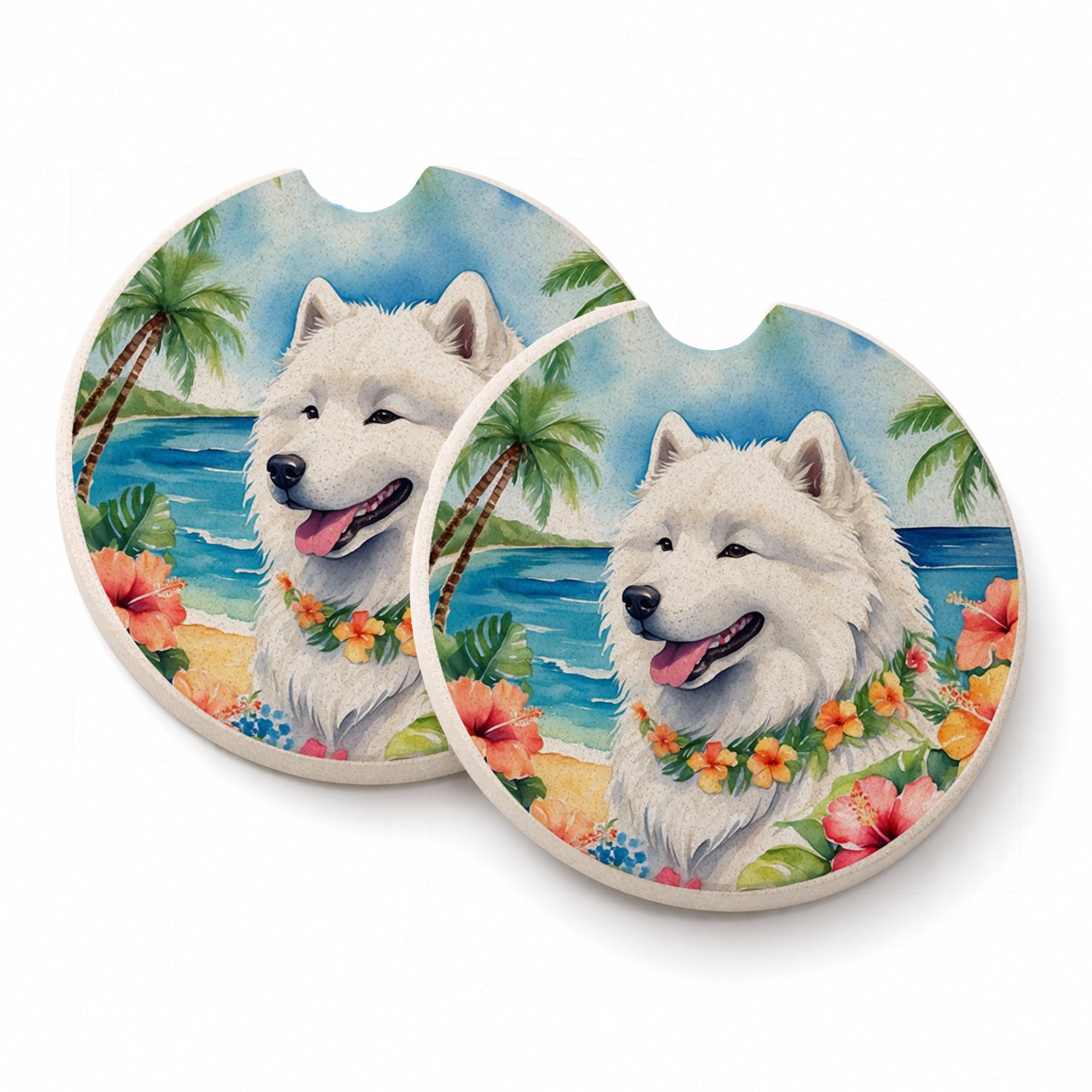 Samoyed Luau Set of 2 Cup Holder Car Coasters Absorbent Round Sandstone Coasters Gifts for Men or Women, 2.5, Multicolor