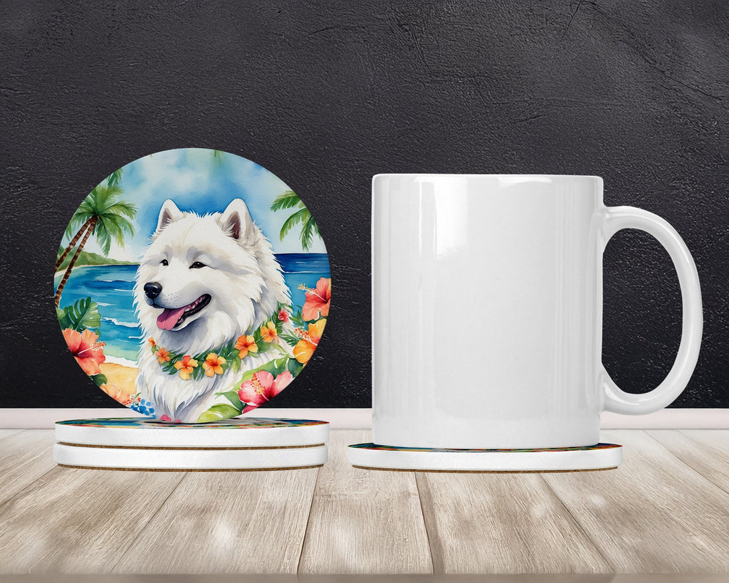 Samoyed Luau Large Sandstone Coasters Pack of 4 Absorbent Round Coasters Decor Gifts for Men or Women, 4 in, Multicolor