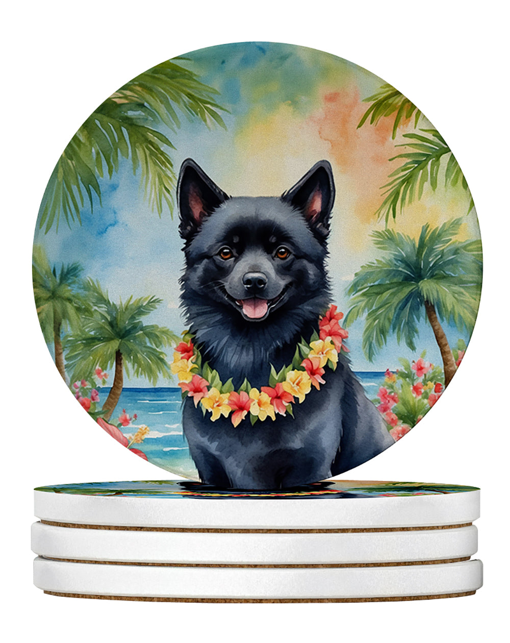 Schipperke Luau Large Sandstone Coasters Pack of 4 Absorbent Round Coasters Decor Gifts for Men or Women, 4 in, Multicolor