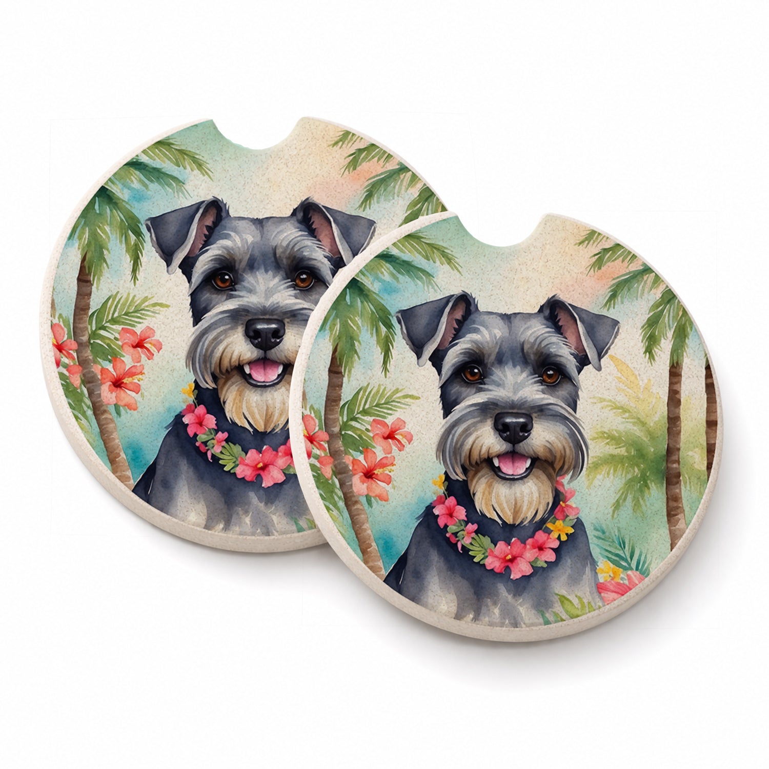 Schnauzer Luau Set of 2 Cup Holder Car Coasters Absorbent Round Sandstone Coasters Gifts for Men or Women, 2.5, Multicolor