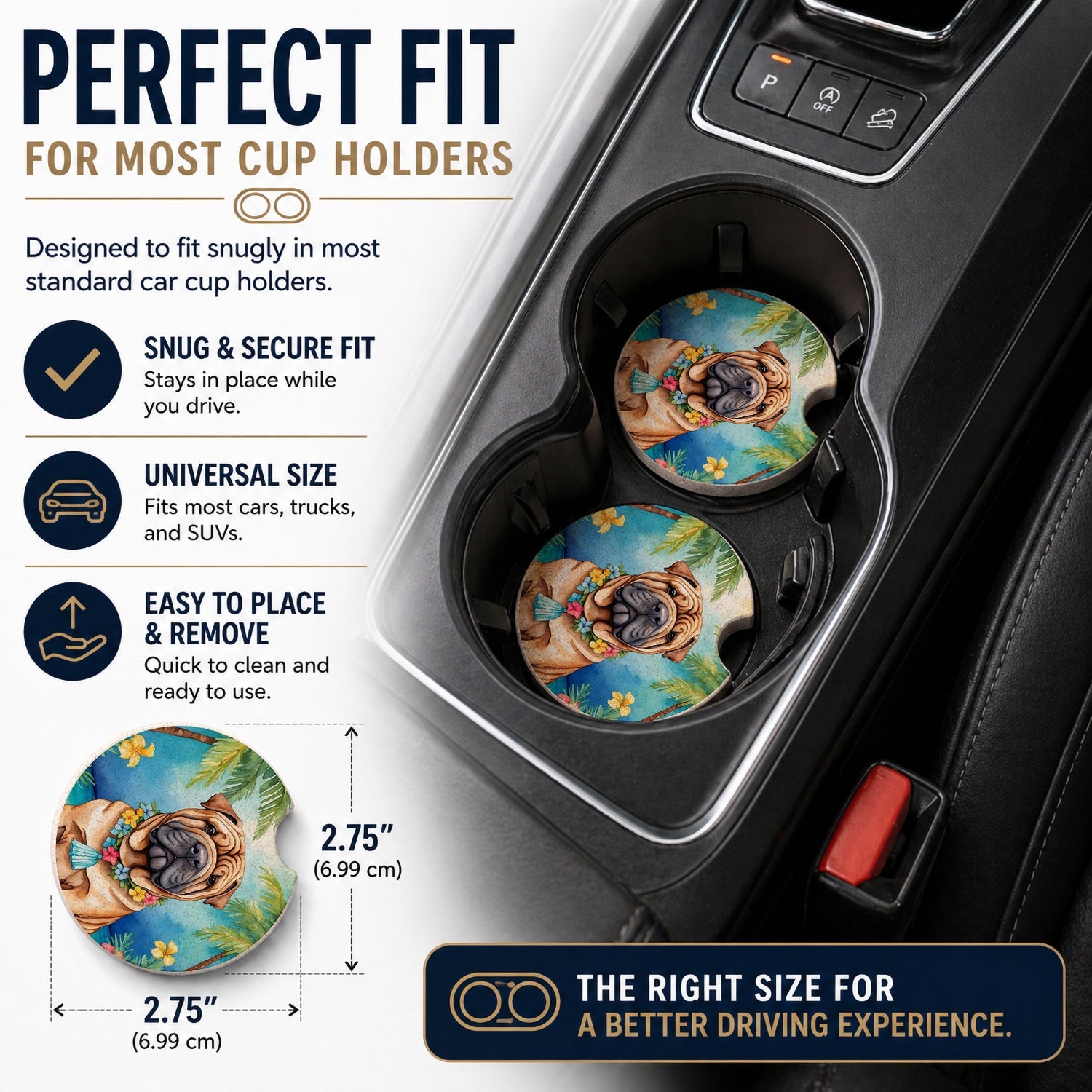 Shar Pei Luau Set of 2 Cup Holder Car Coasters Absorbent Round Sandstone Coasters Gifts for Men or Women, 2.5, Multicolor