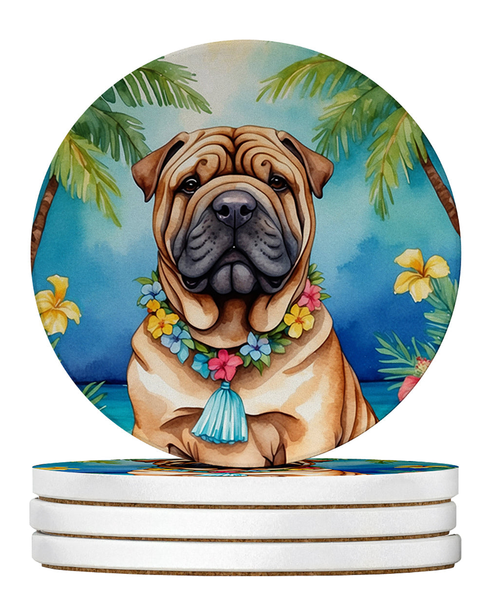 Shar Pei Luau Large Sandstone Coasters Pack of 4 Absorbent Round Coasters Decor Gifts for Men or Women, 4 in, Multicolor