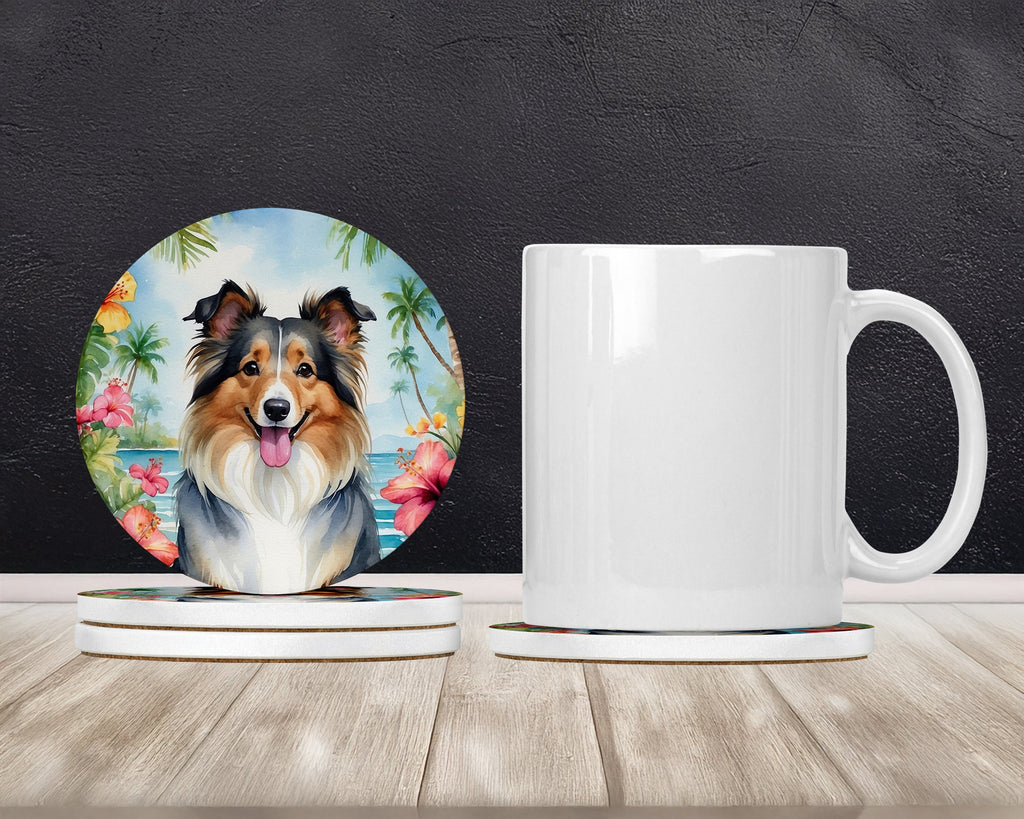 Sheltie Luau Large Sandstone Coasters Pack of 4 Absorbent Round Coasters Decor Gifts for Men or Women, 4 in, Multicolor