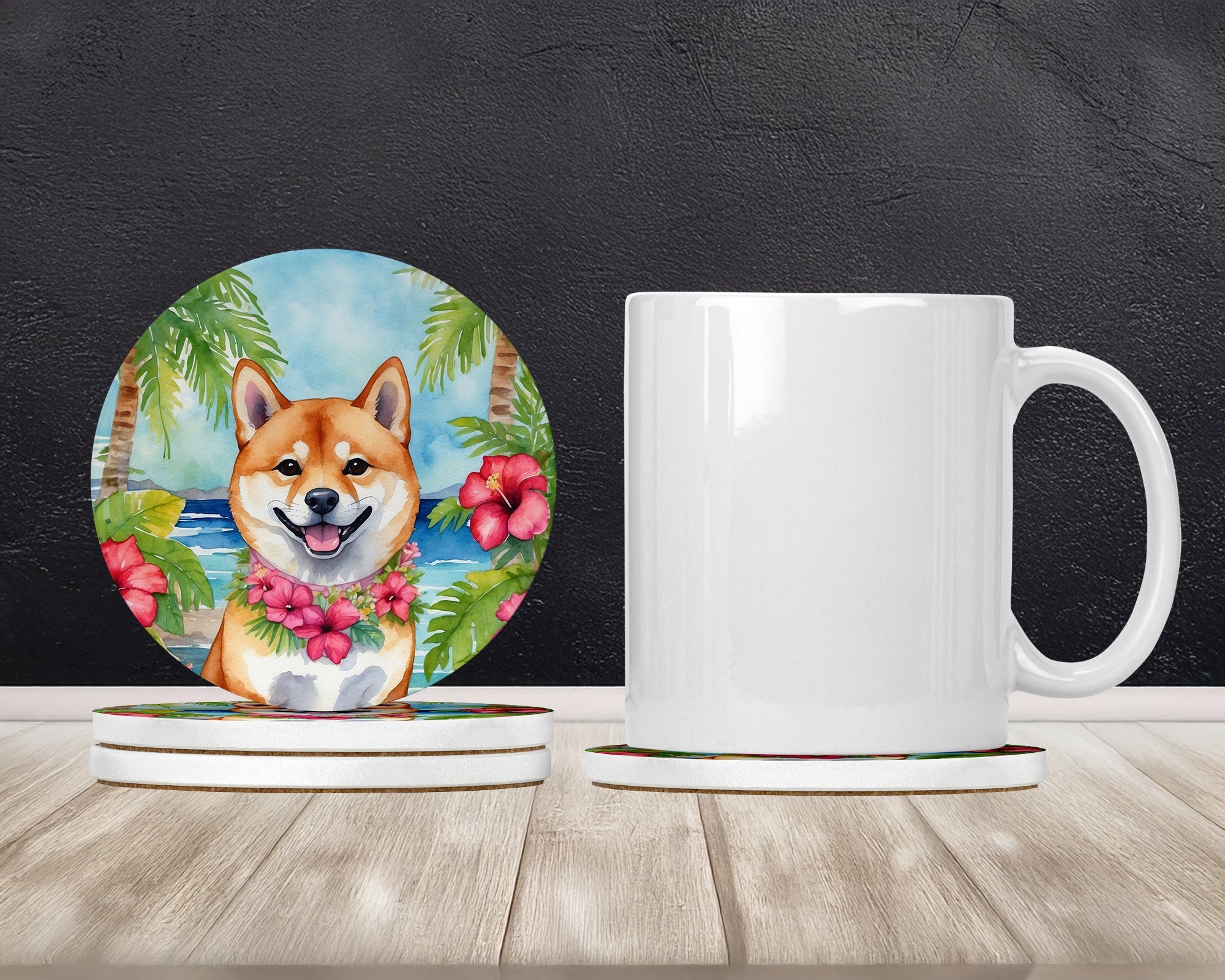 Shiba Inu Luau Large Sandstone Coasters Pack of 4 Absorbent Round Coasters Decor Gifts for Men or Women, 4 in, Multicolor
