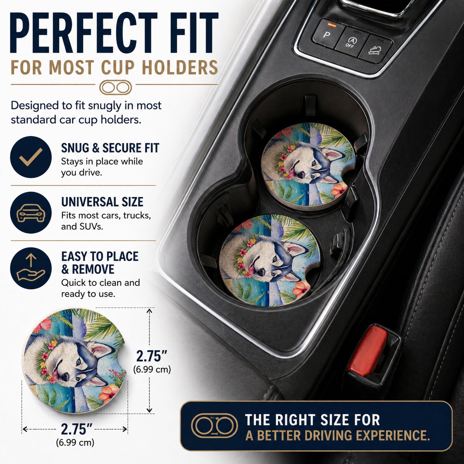 Siberian Husky Luau Set of 2 Cup Holder Car Coasters Absorbent Round Sandstone Coasters Gifts for Men or Women, 2.5, Multicolor