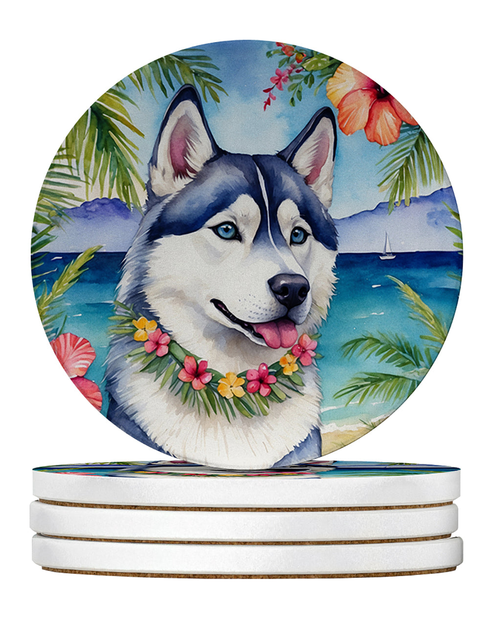 Siberian Husky Luau Large Sandstone Coasters Pack of 4 Absorbent Round Coasters Decor Gifts for Men or Women, 4 in, Multicolor