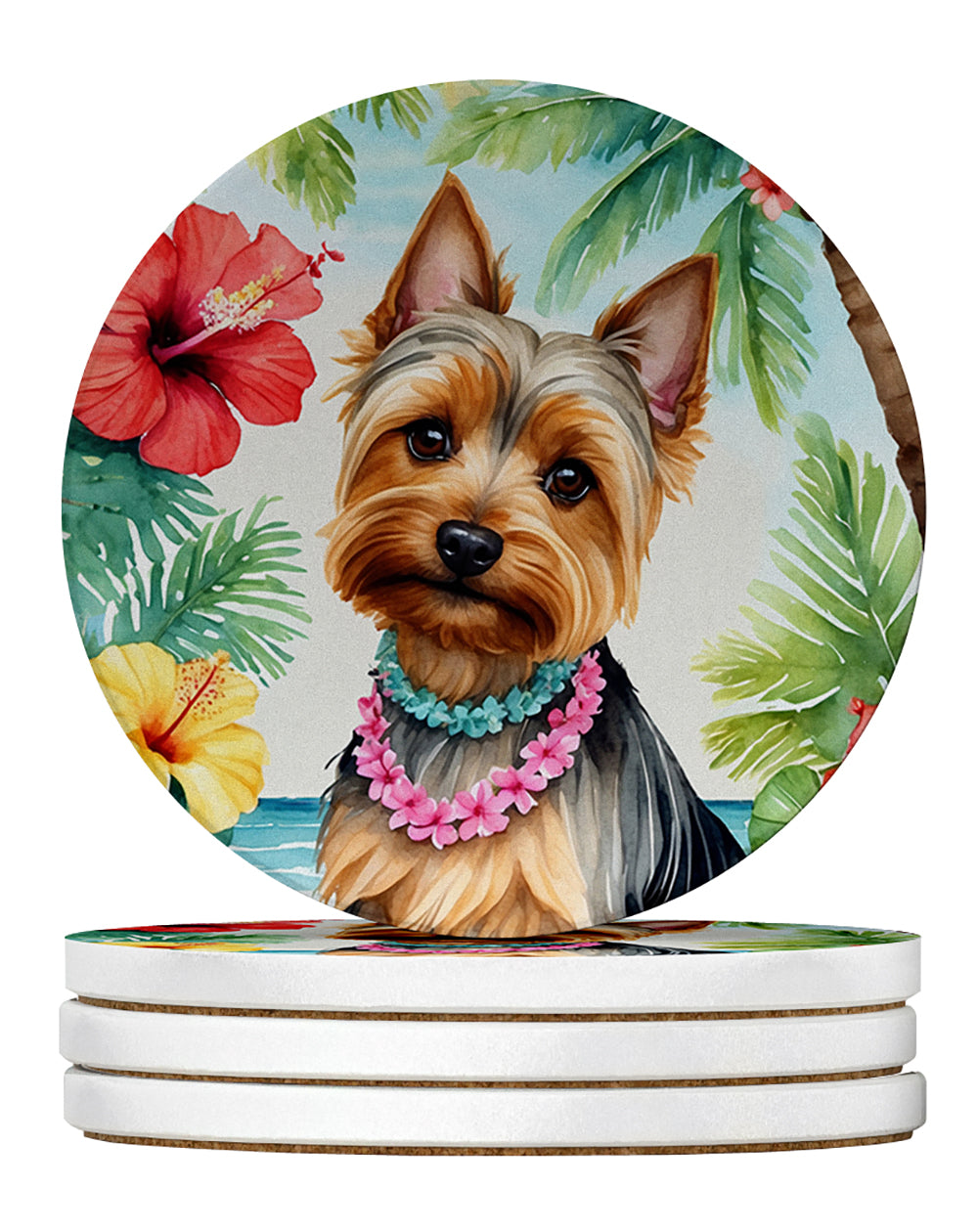 Silky Terrier Luau Large Sandstone Coasters Pack of 4 Absorbent Round Coasters Decor Gifts for Men or Women, 4 in, Multicolor