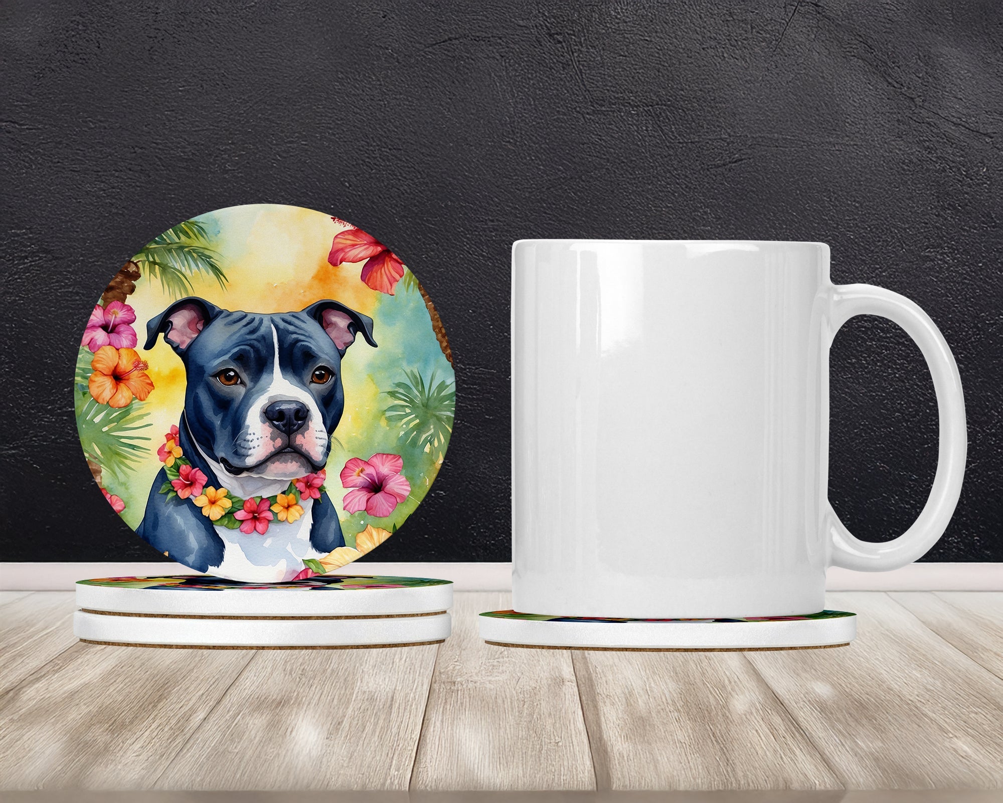 Staffordshire Bull Terrier Luau Large Sandstone Coasters Pack of 4 Absorbent Round Coasters Decor Gifts for Men or Women, 4 in, Multicolor