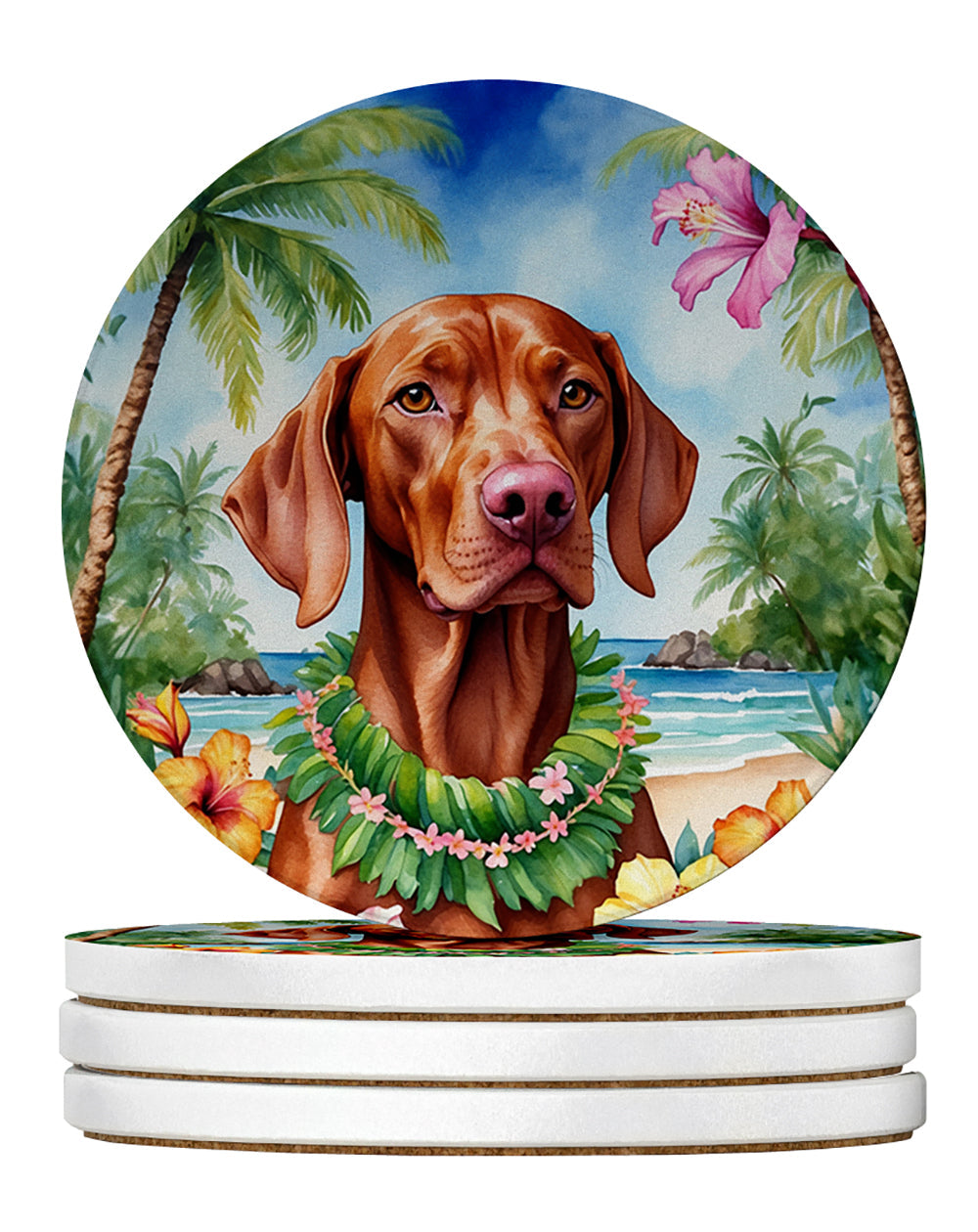 Vizsla Luau Large Sandstone Coasters Pack of 4 Absorbent Round Coasters Decor Gifts for Men or Women, 4 in, Multicolor