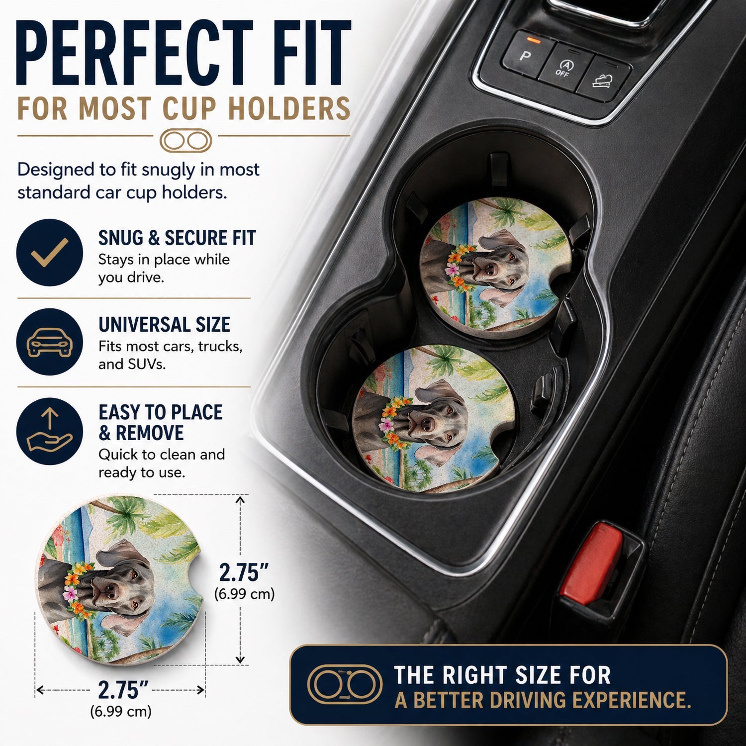 Weimaraner Luau Set of 2 Cup Holder Car Coasters Absorbent Round Sandstone Coasters Gifts for Men or Women, 2.5, Multicolor