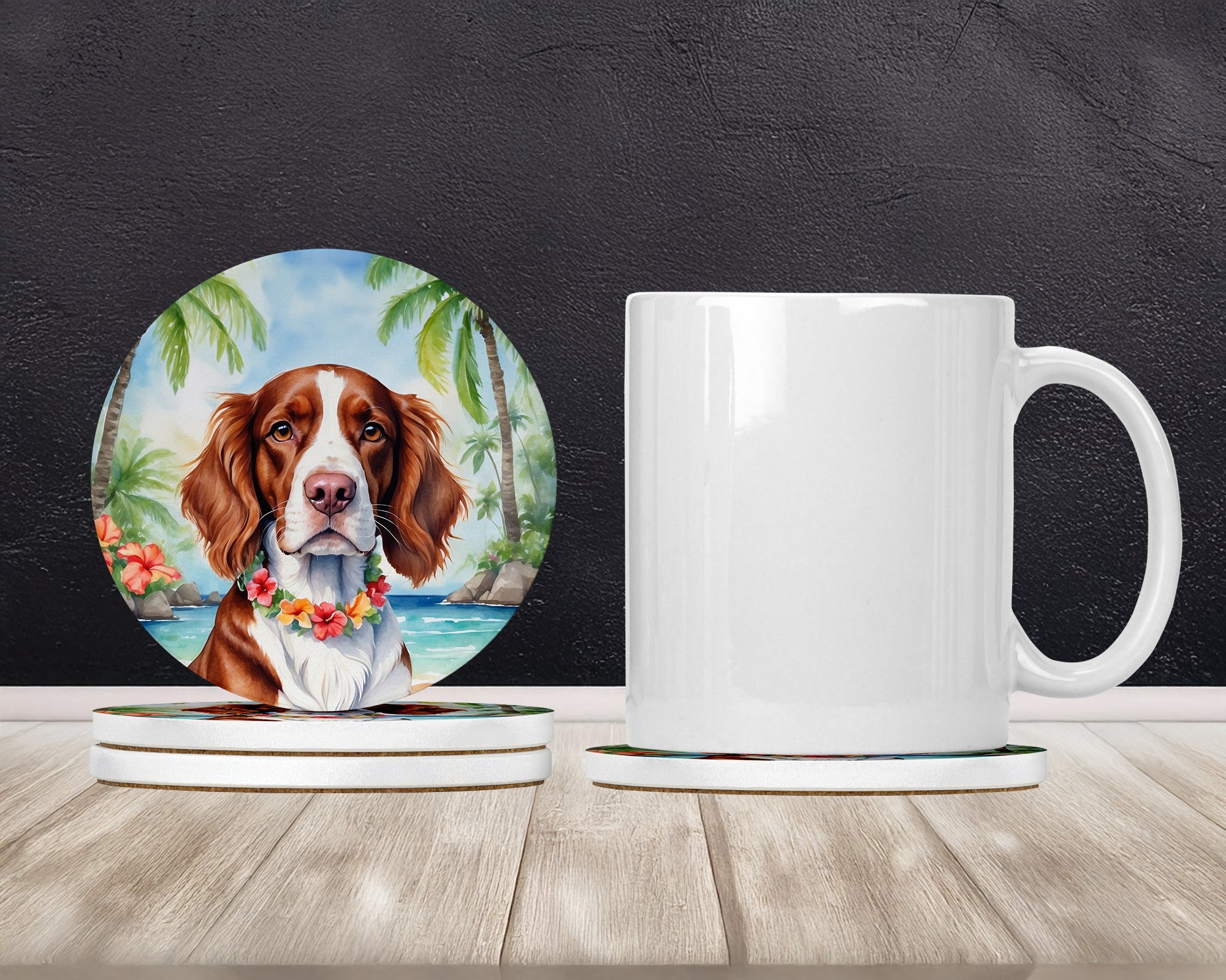 Welsh Springer Spaniel Luau Large Sandstone Coasters Pack of 4 Absorbent Round Coasters Decor Gifts for Men or Women, 4 in, Multicolor
