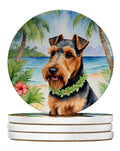 Welsh Terrier Luau Large Sandstone Coasters Pack of 4 Absorbent Round Coasters Decor Gifts for Men or Women, 4 in, Multicolor