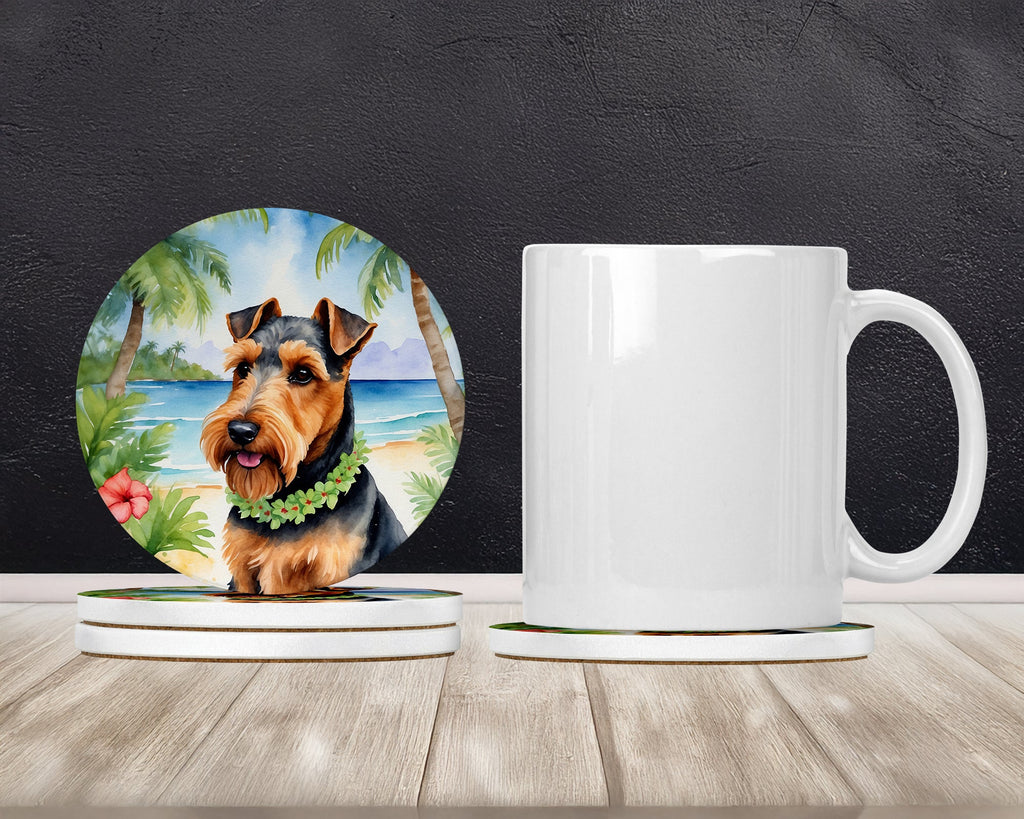 Welsh Terrier Luau Large Sandstone Coasters Pack of 4 Absorbent Round Coasters Decor Gifts for Men or Women, 4 in, Multicolor