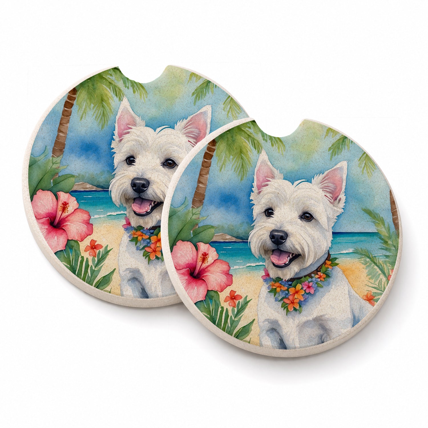 Westie Luau Set of 2 Cup Holder Car Coasters Absorbent Round Sandstone Coasters Gifts for Men or Women, 2.5, Multicolor