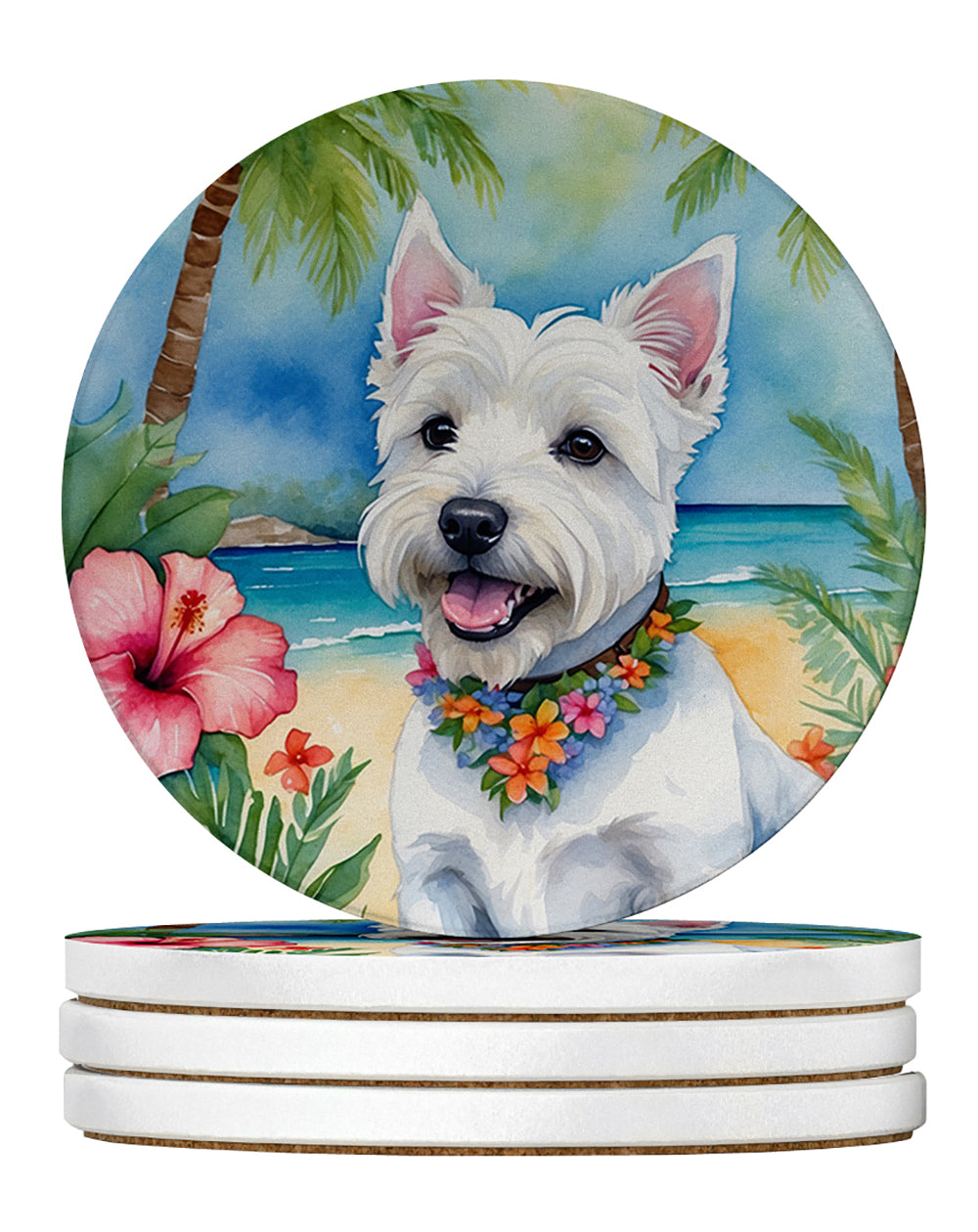 Westie Luau Large Sandstone Coasters Pack of 4 Absorbent Round Coasters Decor Gifts for Men or Women, 4 in, Multicolor