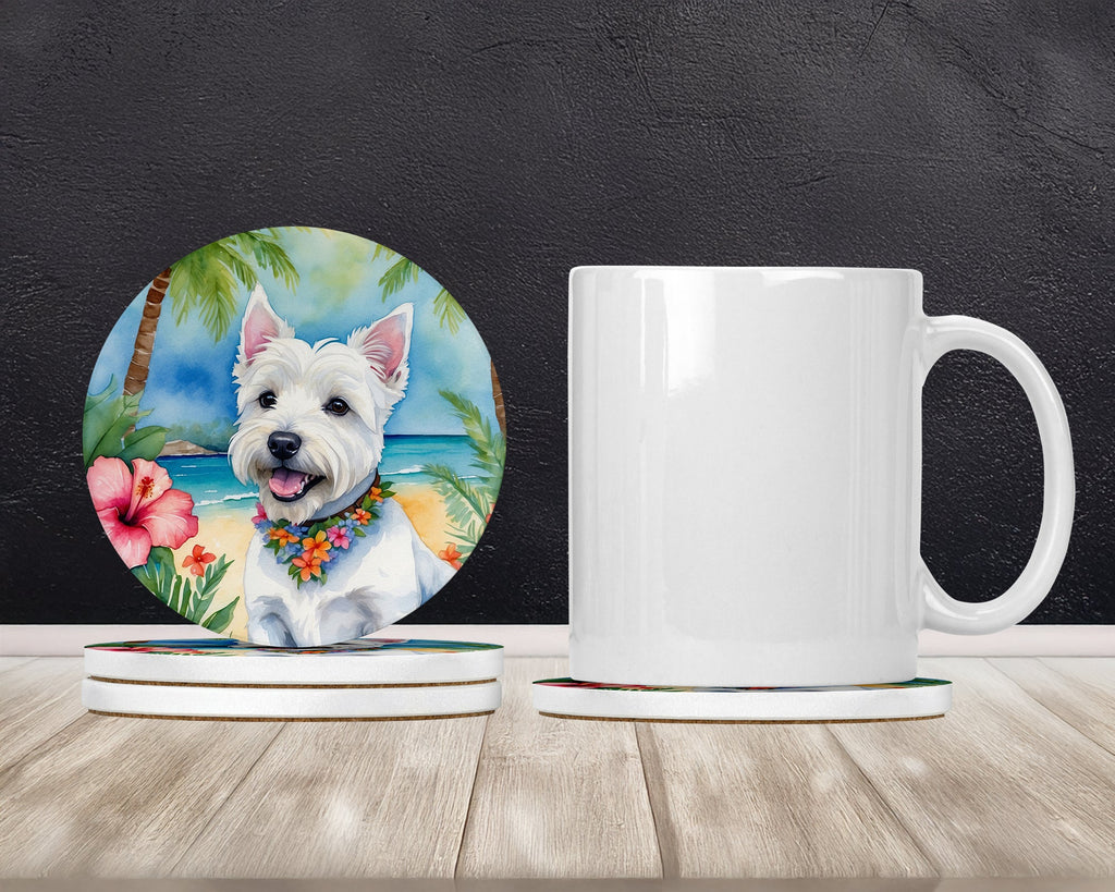Westie Luau Large Sandstone Coasters Pack of 4 Absorbent Round Coasters Decor Gifts for Men or Women, 4 in, Multicolor