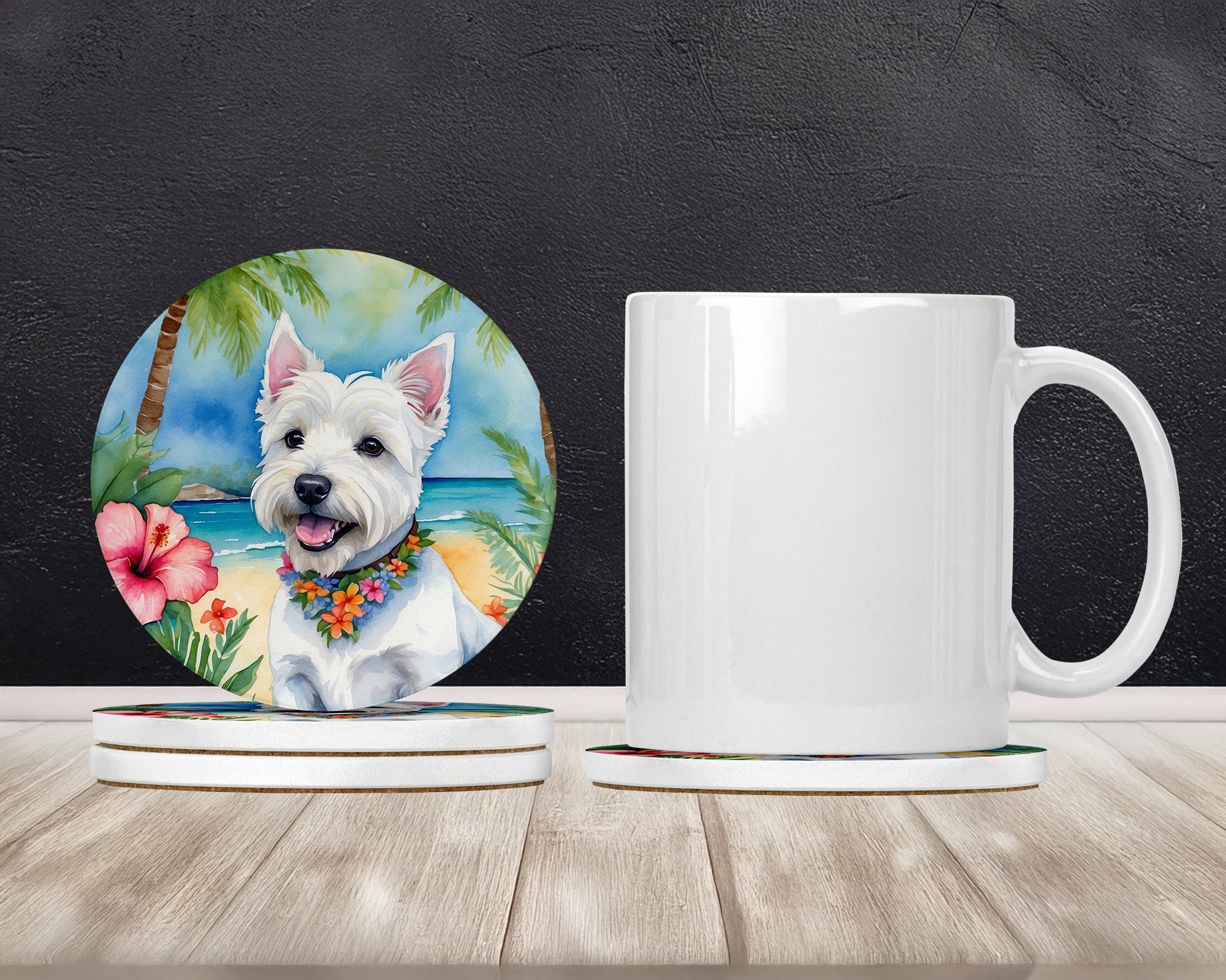 Westie Luau Large Sandstone Coasters Pack of 4 Absorbent Round Coasters Decor Gifts for Men or Women, 4 in, Multicolor
