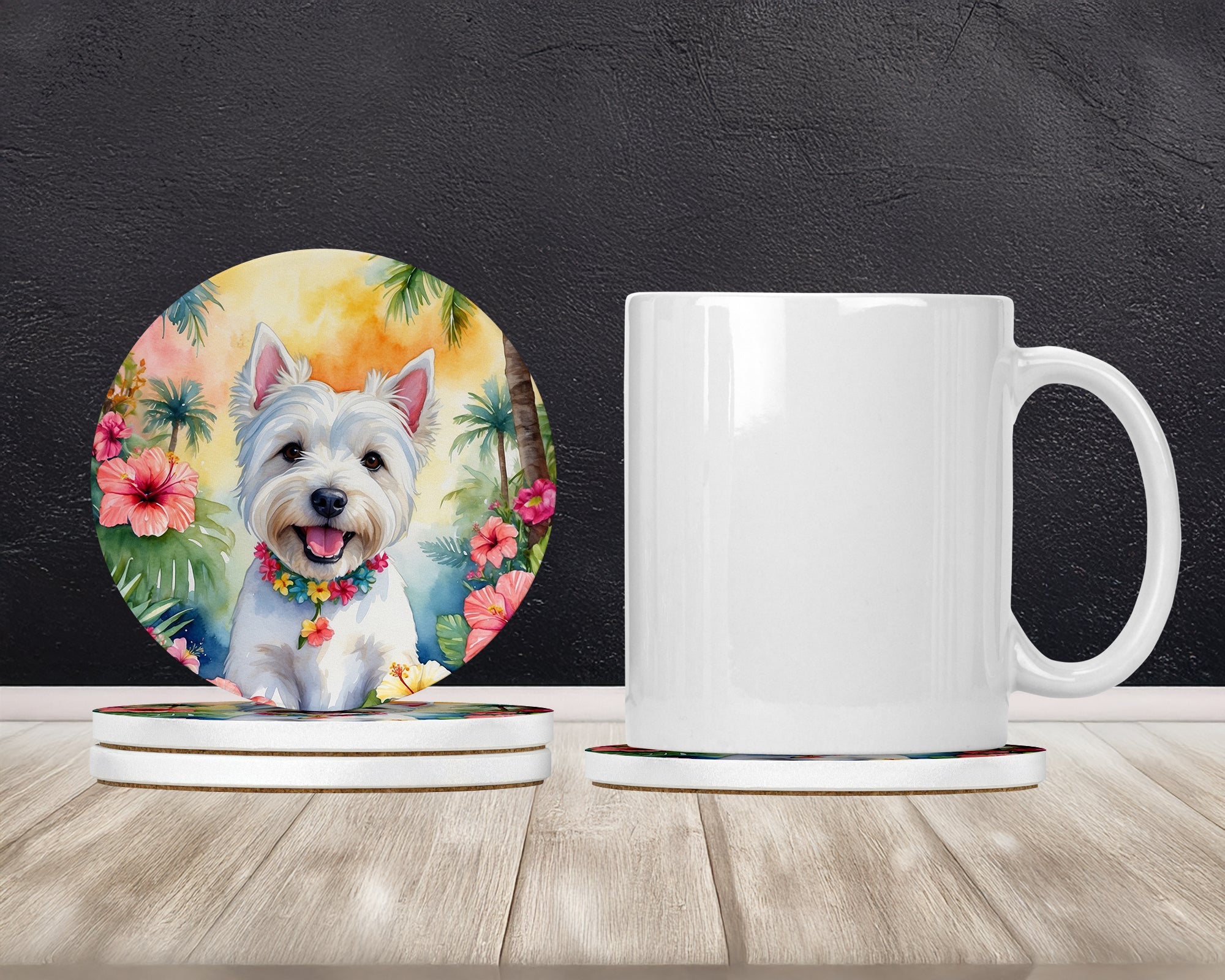 Westie Luau Large Sandstone Coasters Pack of 4 Absorbent Round Coasters Decor Gifts for Men or Women, 4 in, Multicolor