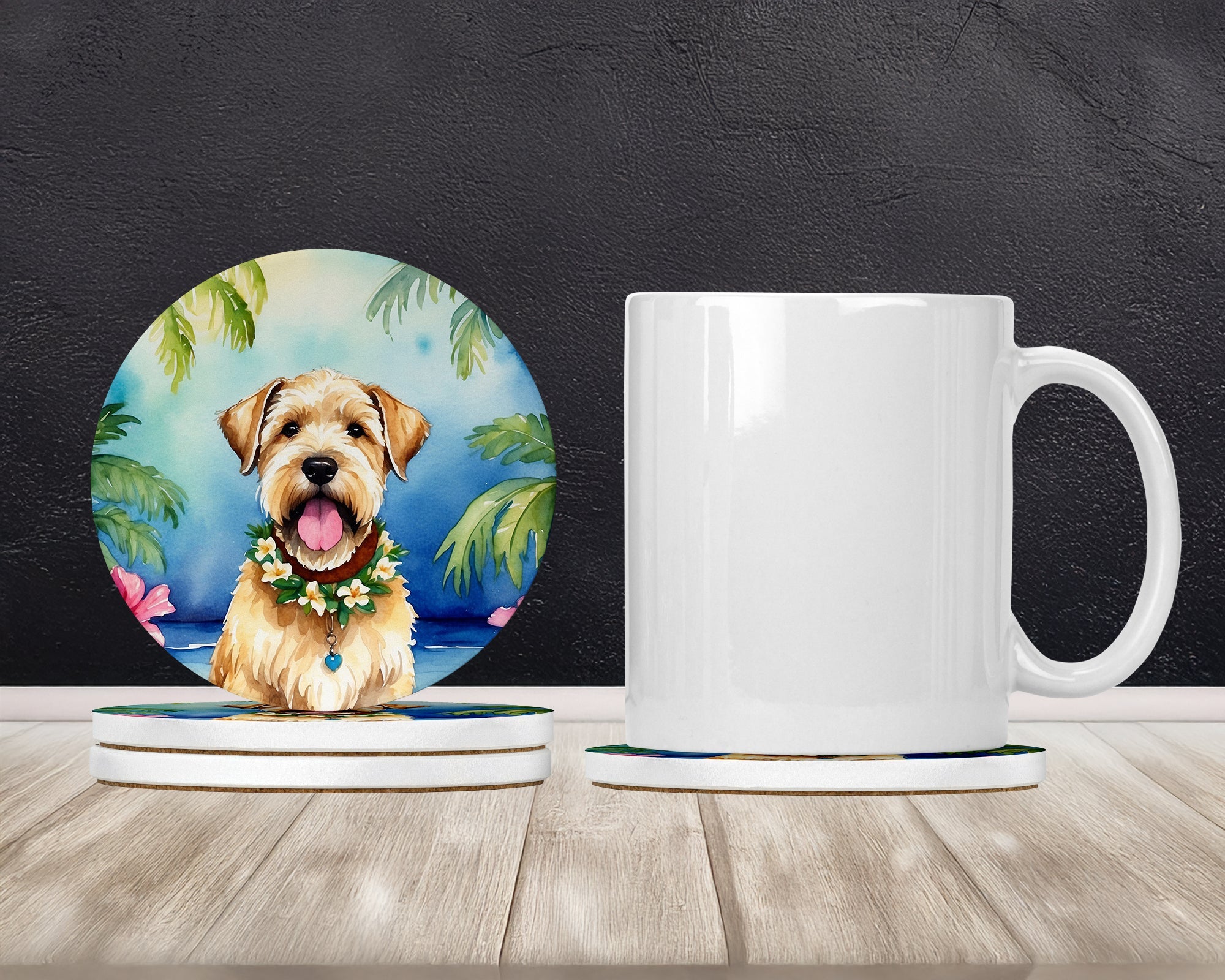 Wheaten Terrier Luau Large Sandstone Coasters Pack of 4 Absorbent Round Coasters Decor Gifts for Men or Women, 4 in, Multicolor