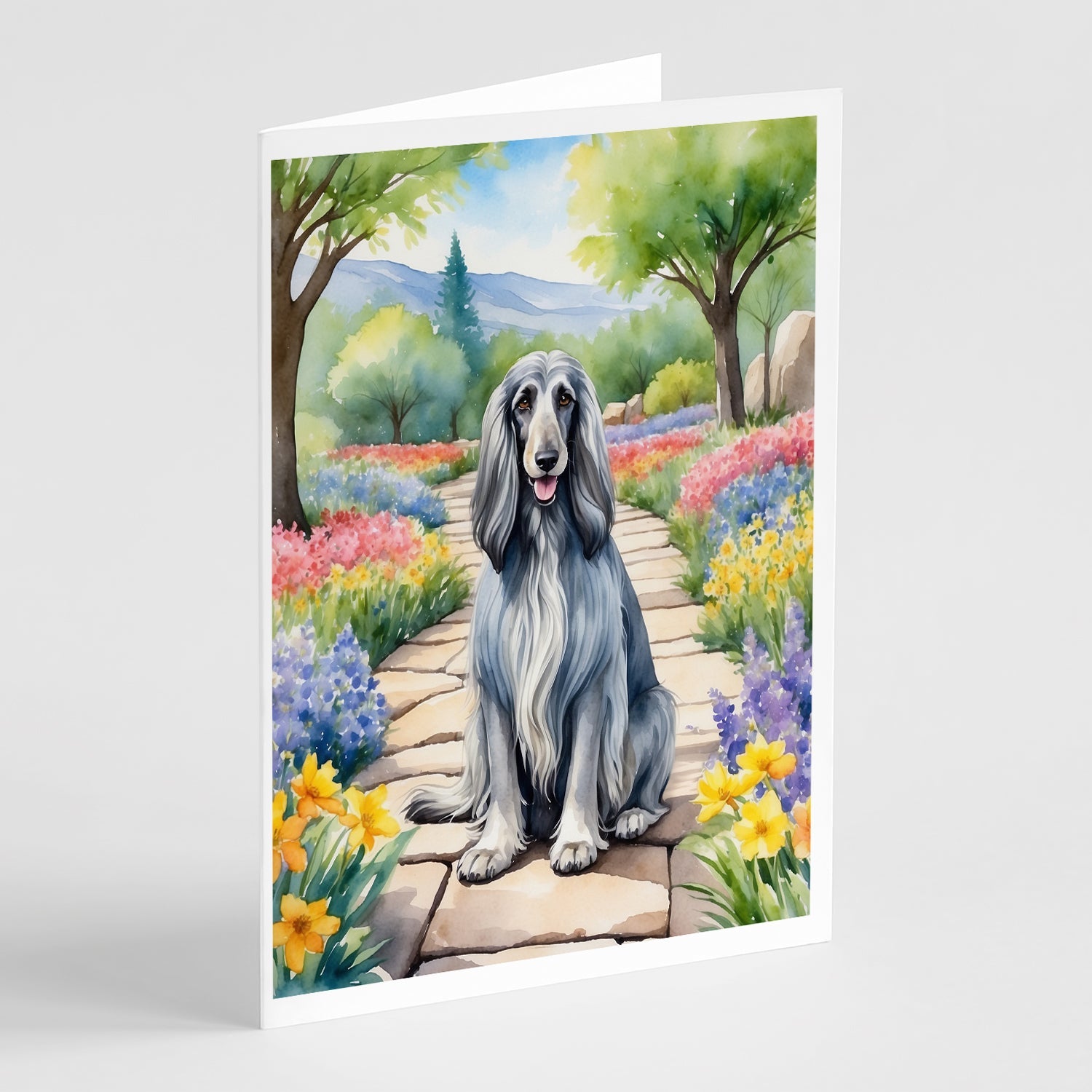 Afghan Hound Spring Garden Greeting Cards Pack of 8 Blank Cards with Envelopes Whimsical A7 Size 5x7