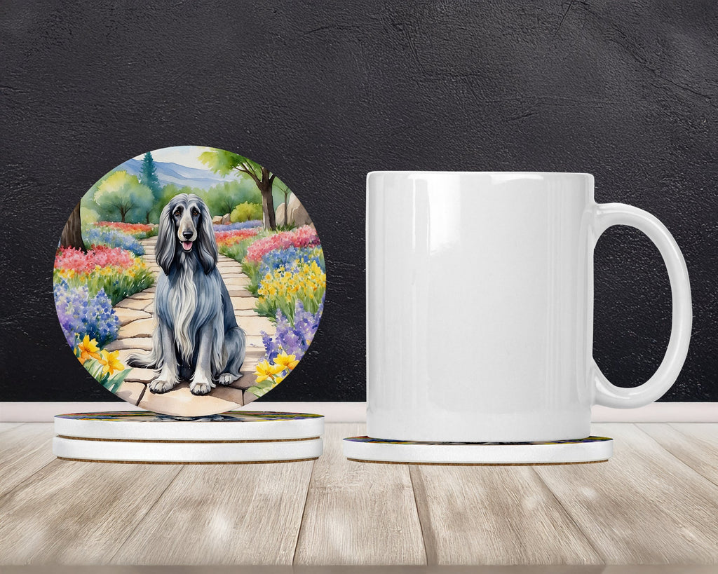 Afghan Hound Spring Garden Large Sandstone Coasters Pack of 4 Absorbent Round Coasters Decor Gifts for Men or Women, 4 in, Multicolor