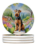 Airedale Terrier Spring Garden Large Sandstone Coasters Pack of 4 Absorbent Round Coasters Decor Gifts for Men or Women, 4 in, Multicolor