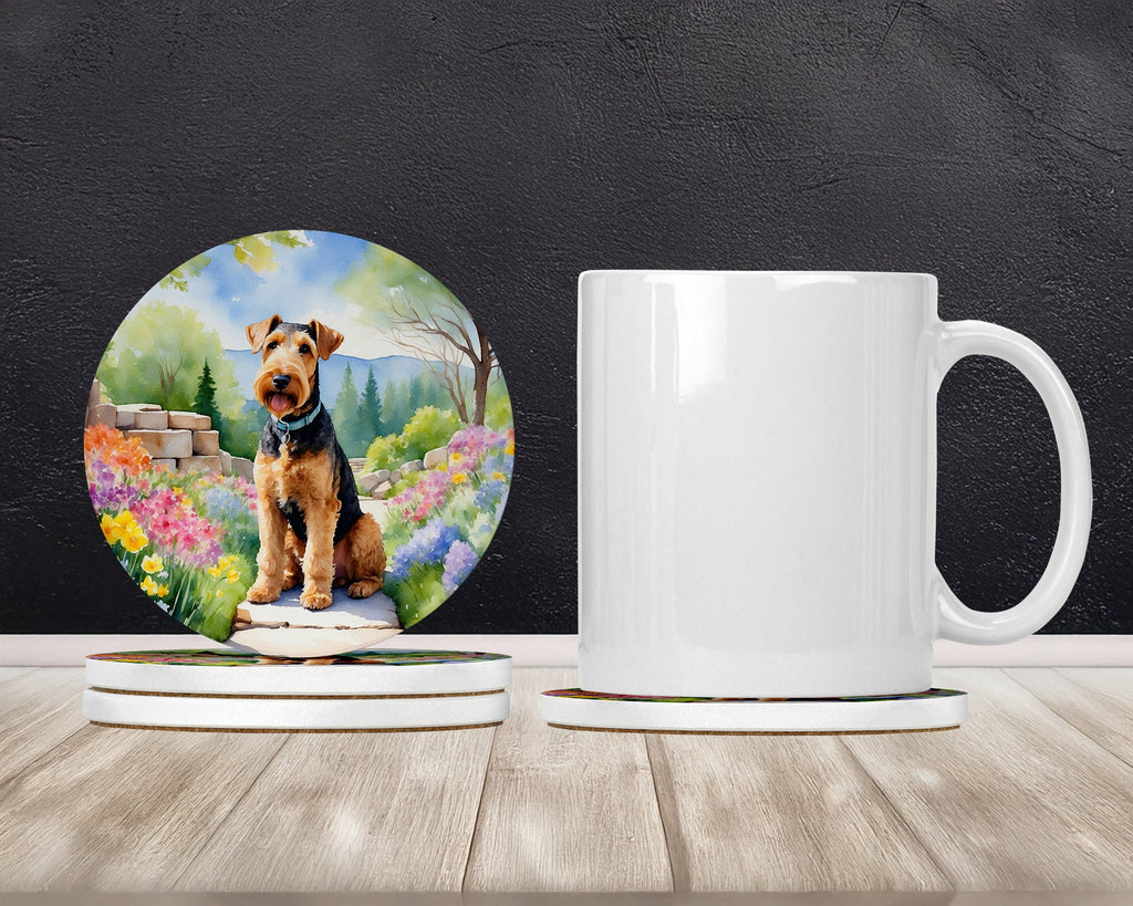 Airedale Terrier Spring Garden Large Sandstone Coasters Pack of 4 Absorbent Round Coasters Decor Gifts for Men or Women, 4 in, Multicolor