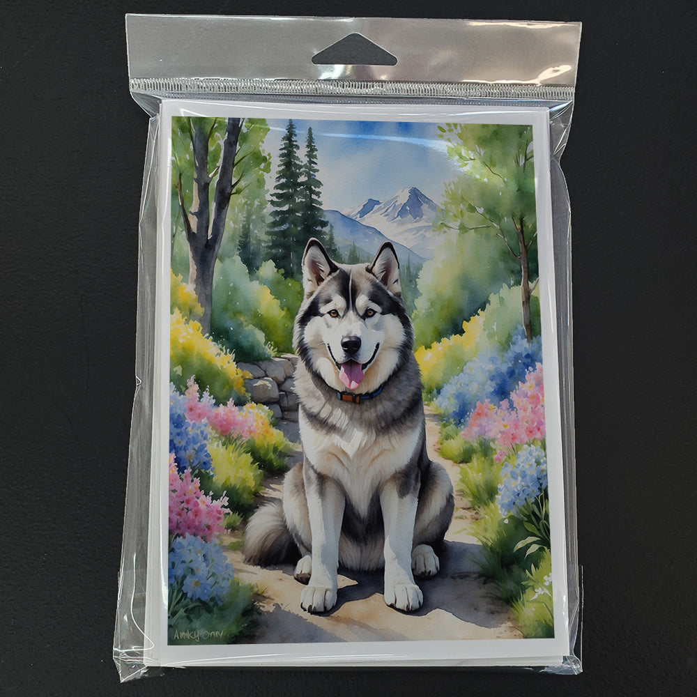 Alaskan Malamute Spring Garden Greeting Cards Pack of 8 Blank Cards with Envelopes Whimsical A7 Size 5x7