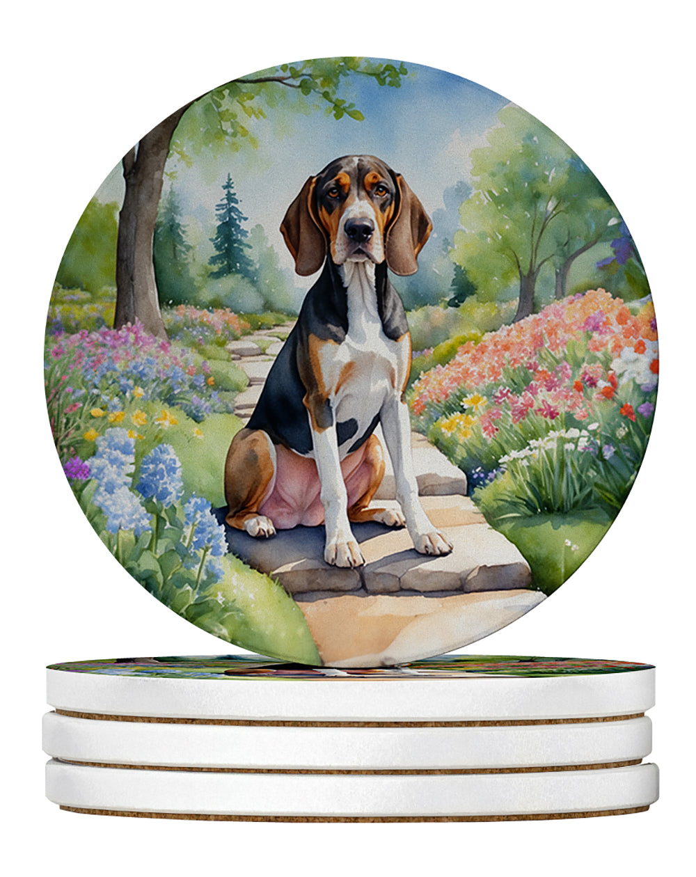 American English Coonhound Spring Garden Large Sandstone Coasters Pack of 4 Absorbent Round Coasters Decor Gifts for Men or Women, 4 in, Multicolor