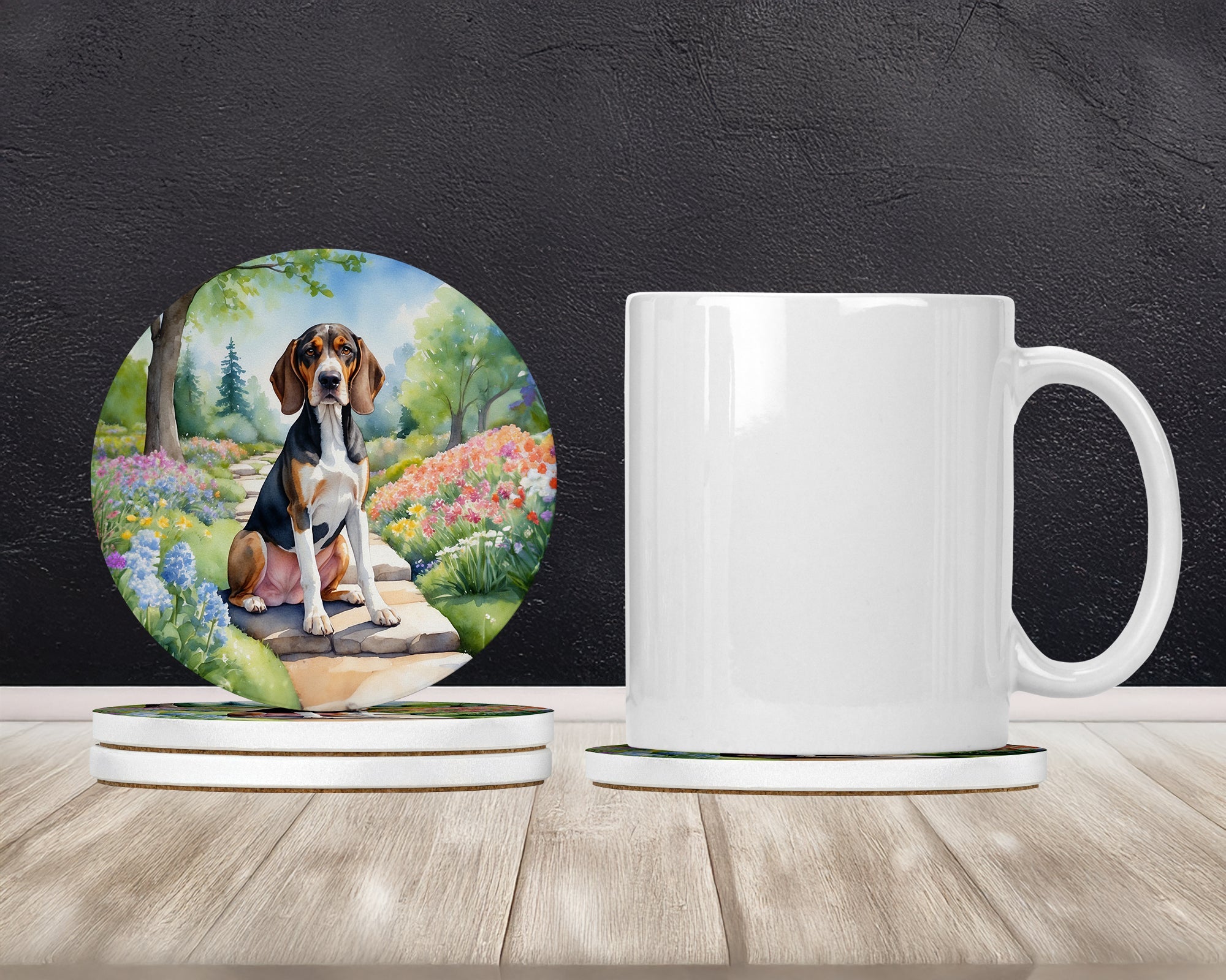 American English Coonhound Spring Garden Large Sandstone Coasters Pack of 4 Absorbent Round Coasters Decor Gifts for Men or Women, 4 in, Multicolor