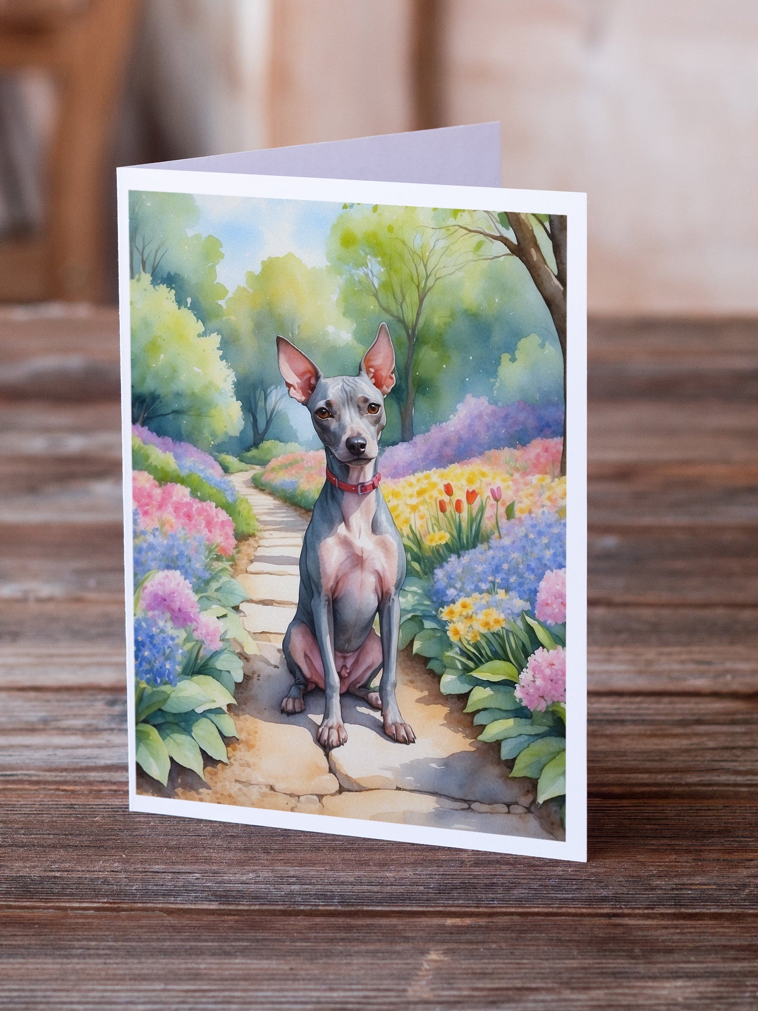 American Hairless Terrier Spring Garden Greeting Cards Pack of 8 Blank Cards with Envelopes Whimsical A7 Size 5x7