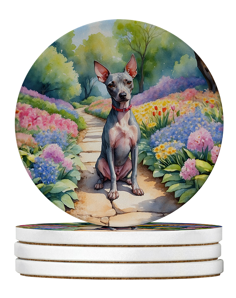 American Hairless Terrier Spring Garden Large Sandstone Coasters Pack of 4 Absorbent Round Coasters Decor Gifts for Men or Women, 4 in, Multicolor