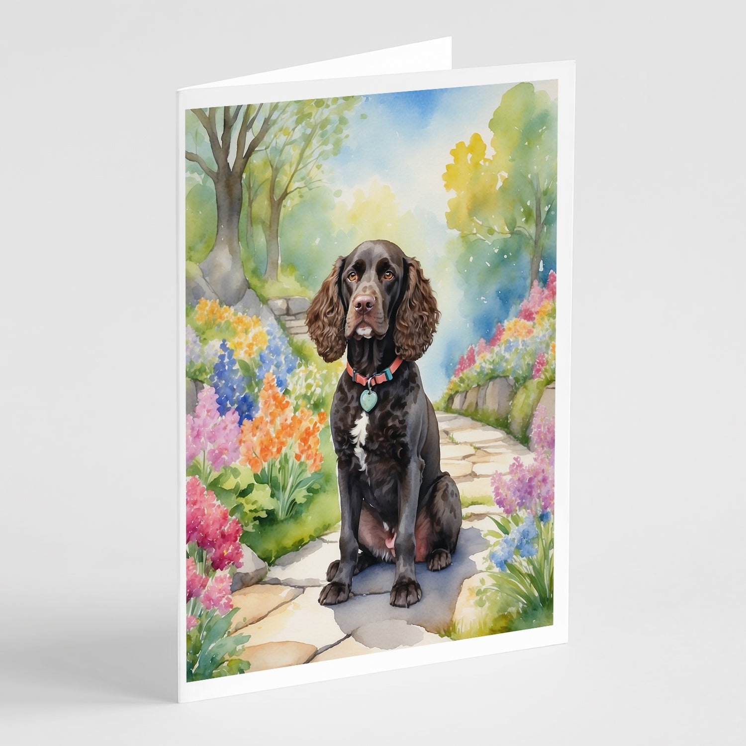 American Water Spaniel Spring Garden Greeting Cards Pack of 8 Blank Cards with Envelopes Whimsical A7 Size 5x7