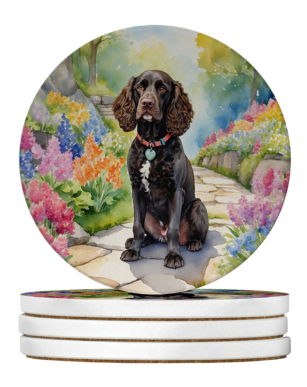 American Water Spaniel Spring Garden Large Sandstone Coasters Pack of 4 Absorbent Round Coasters Decor Gifts for Men or Women, 4 in, Multicolor