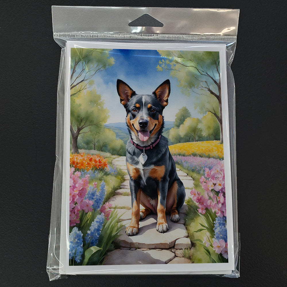 Australian Cattle Dog Spring Garden Greeting Cards Pack of 8 Blank Cards with Envelopes Whimsical A7 Size 5x7