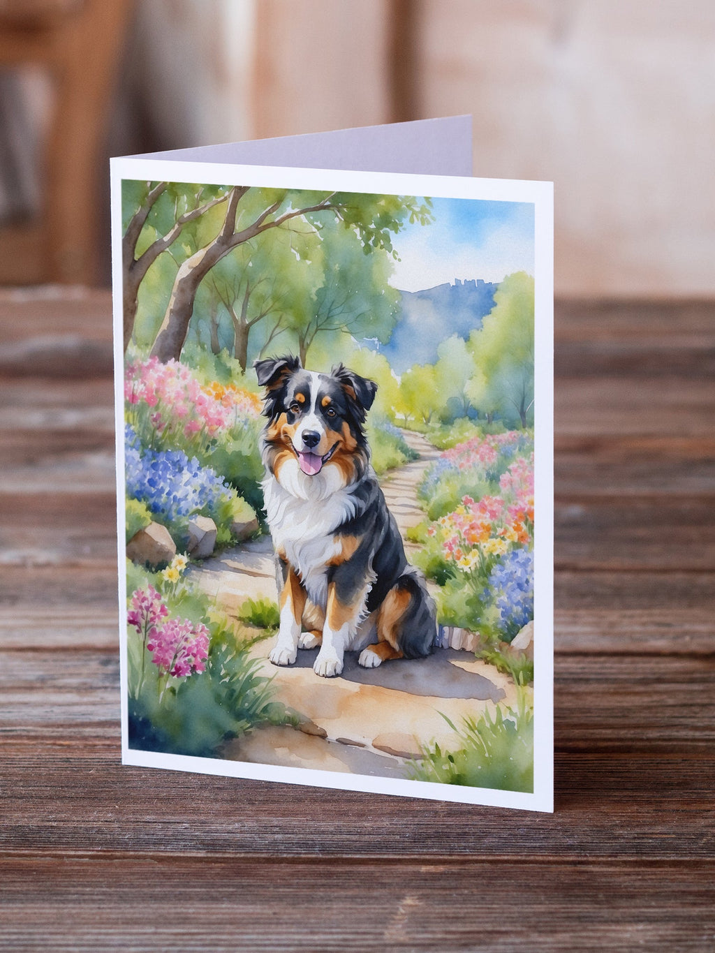Australian Shepherd Spring Garden Greeting Cards Pack of 8 Blank Cards with Envelopes Whimsical A7 Size 5x7