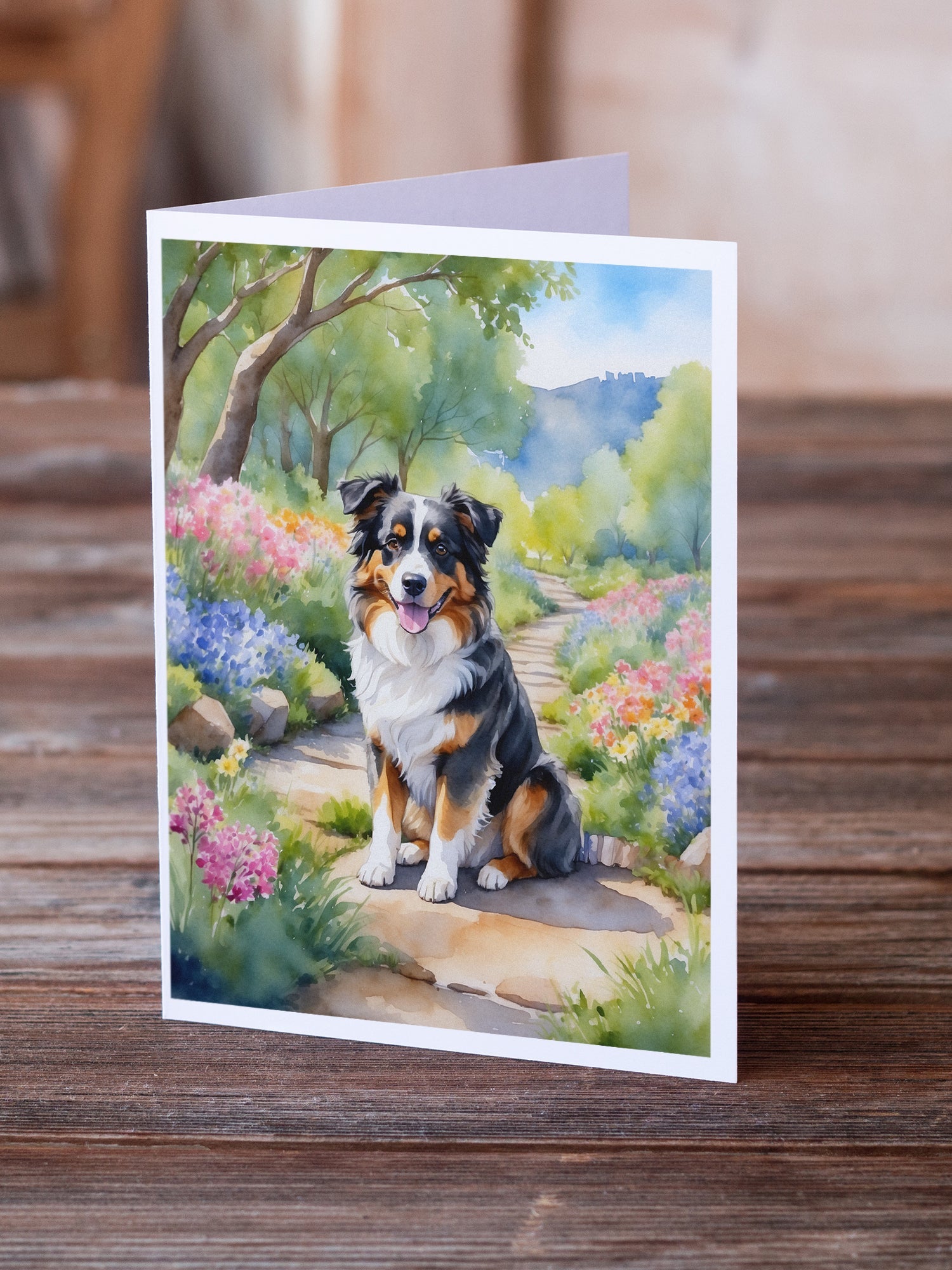 Australian Shepherd Spring Garden Greeting Cards Pack of 8 Blank Cards with Envelopes Whimsical A7 Size 5x7