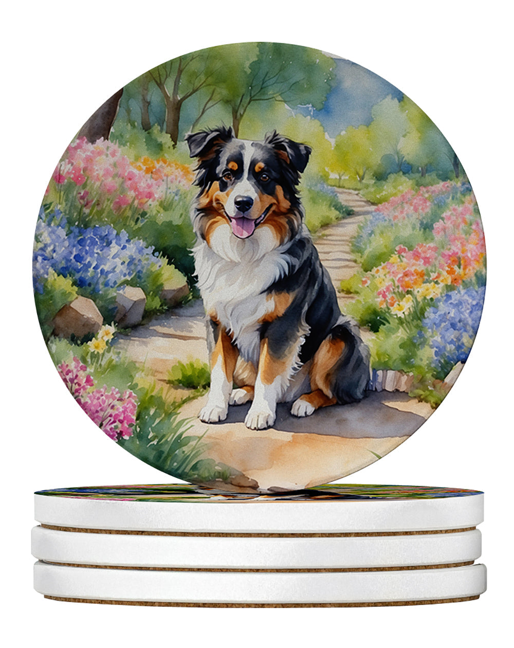 Australian Shepherd Spring Garden Large Sandstone Coasters Pack of 4 Absorbent Round Coasters Decor Gifts for Men or Women, 4 in, Multicolor
