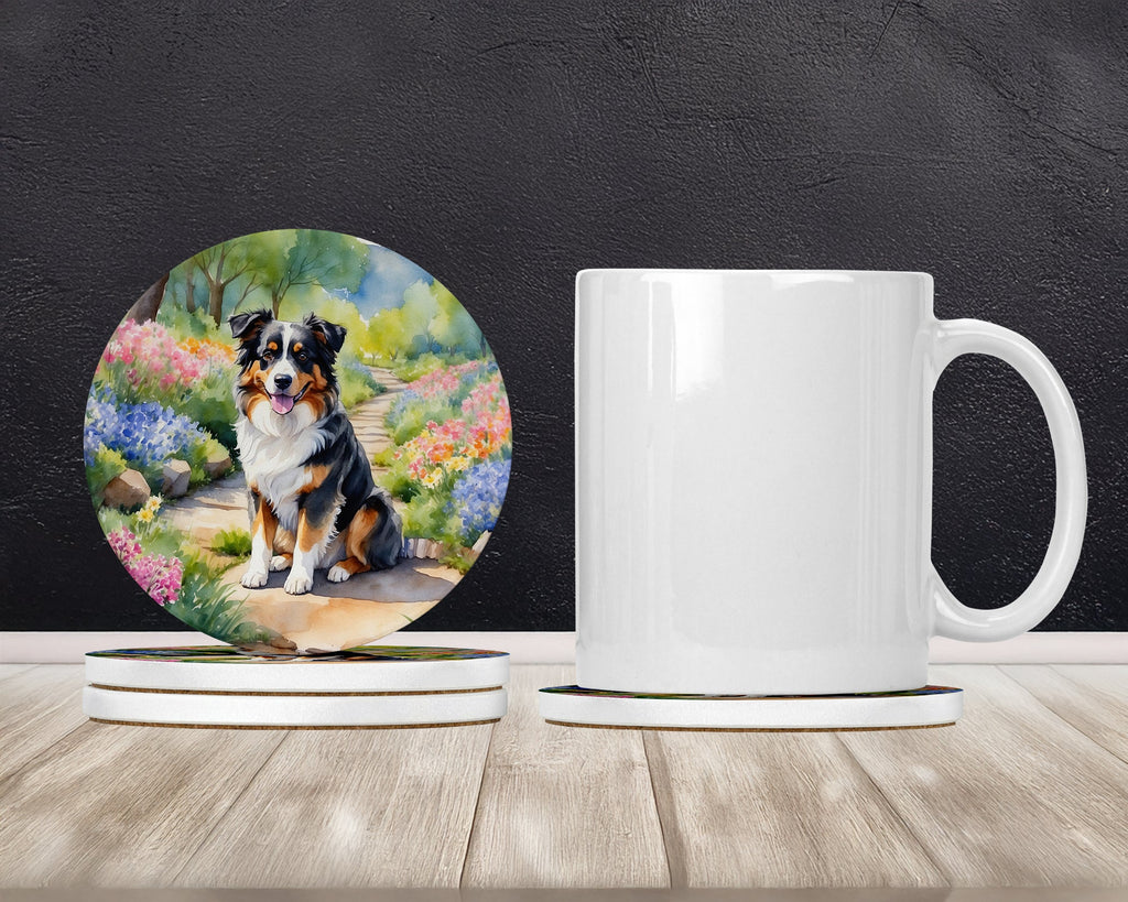 Australian Shepherd Spring Garden Large Sandstone Coasters Pack of 4 Absorbent Round Coasters Decor Gifts for Men or Women, 4 in, Multicolor