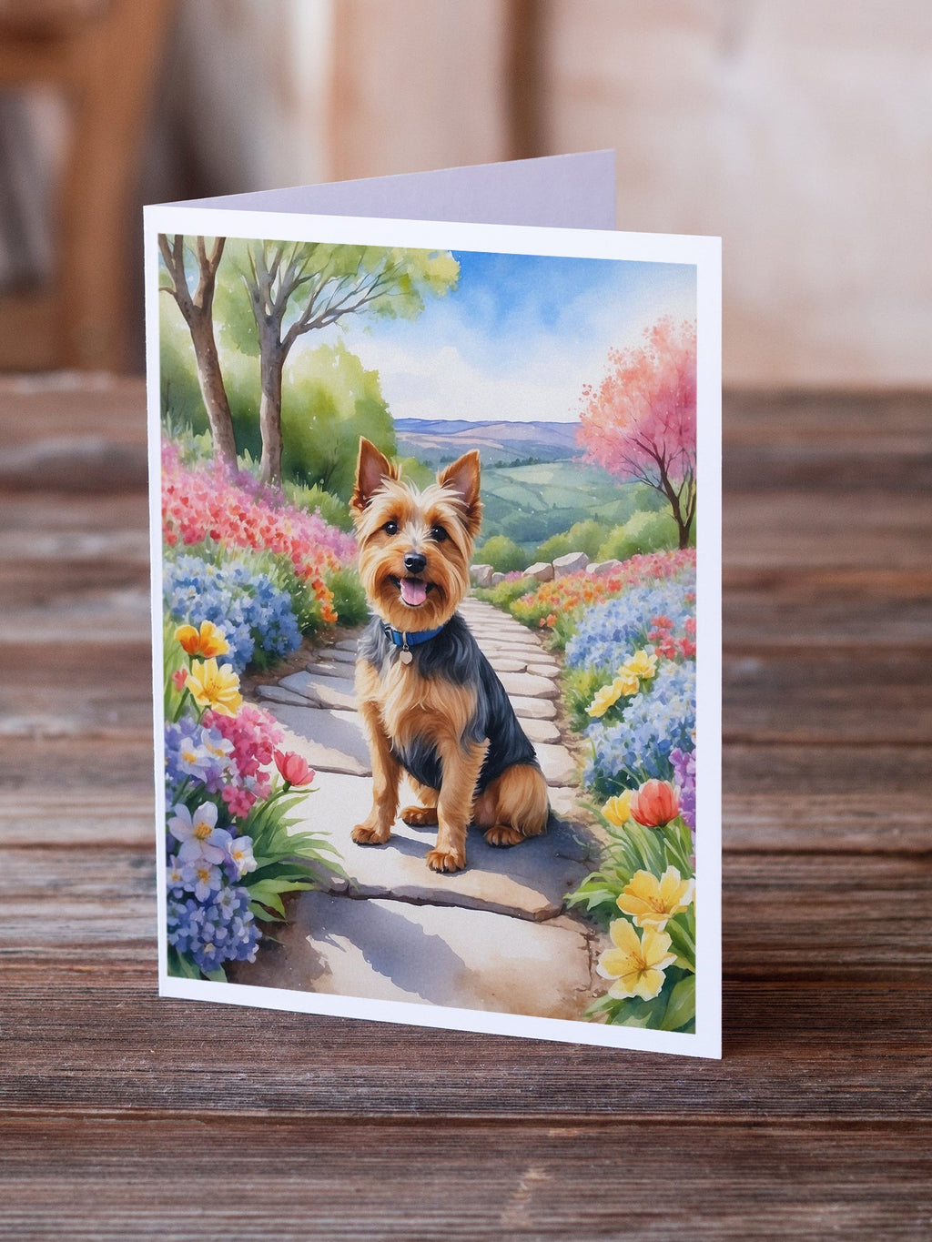 Australian Terrier Spring Garden Greeting Cards Pack of 8 Blank Cards with Envelopes Whimsical A7 Size 5x7