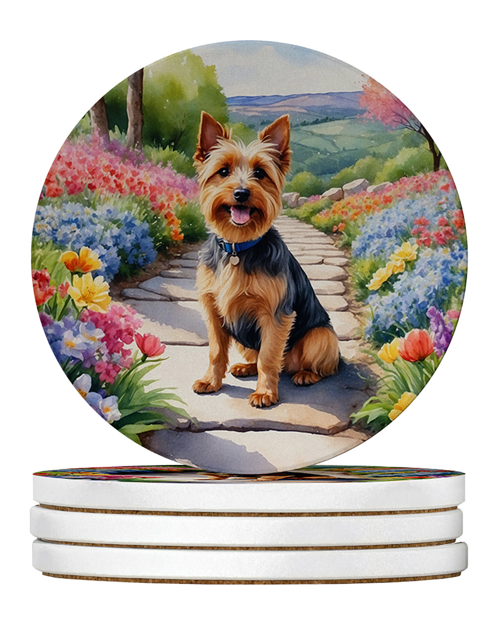 Australian Terrier Spring Garden Large Sandstone Coasters Pack of 4 Absorbent Round Coasters Decor Gifts for Men or Women, 4 in, Multicolor