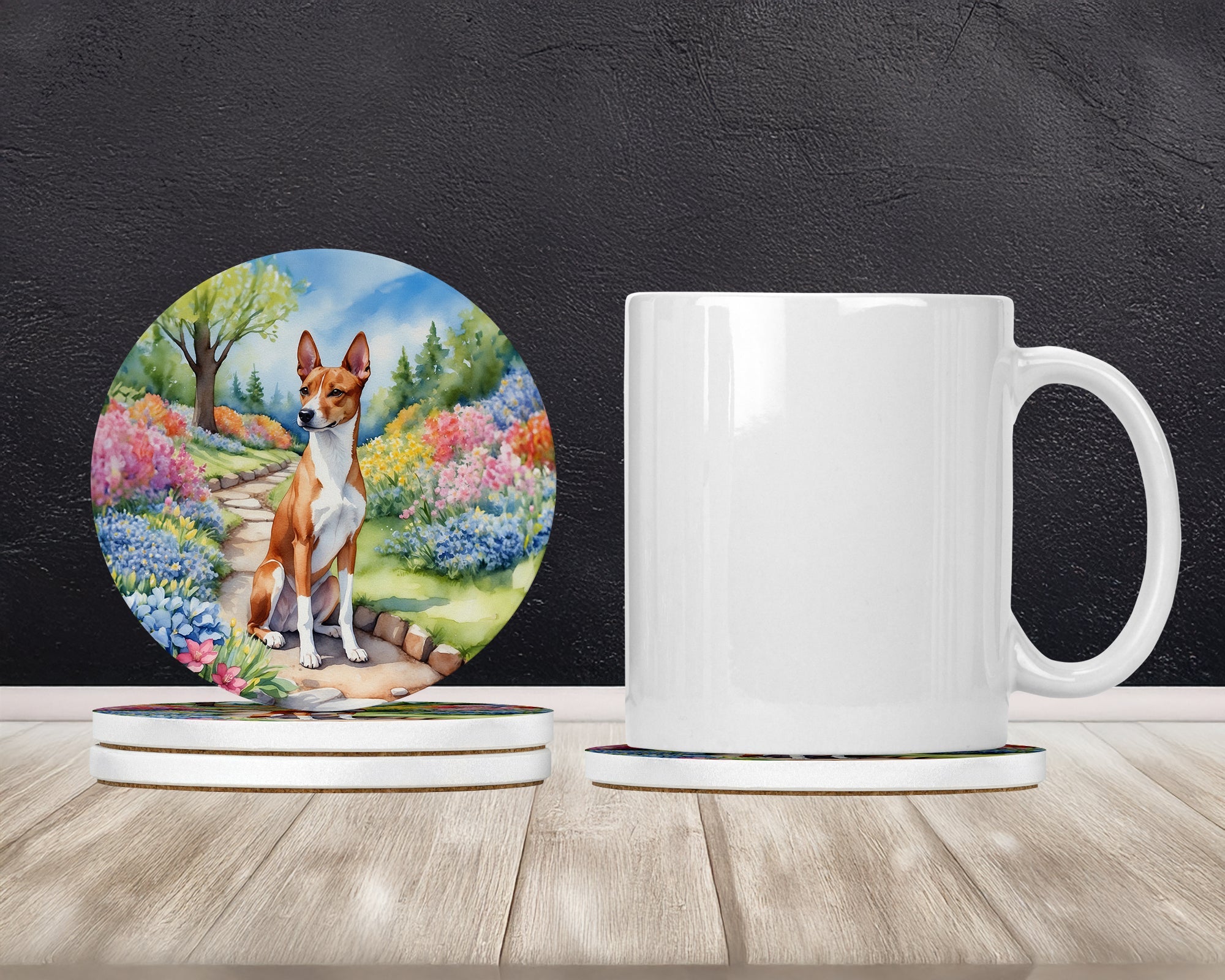 Basenji Spring Garden Large Sandstone Coasters Pack of 4 Absorbent Round Coasters Decor Gifts for Men or Women, 4 in, Multicolor