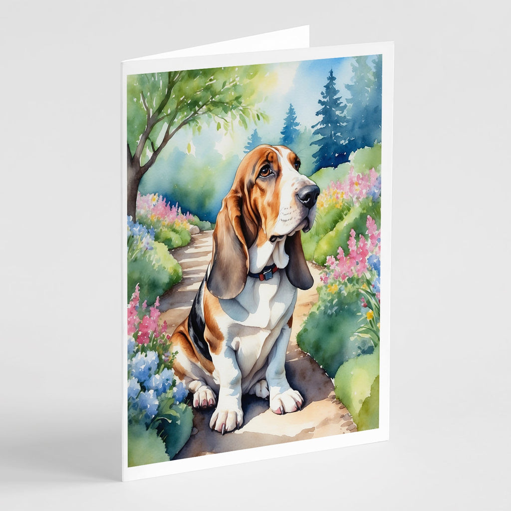Basset Hound Spring Garden Greeting Cards Pack of 8 Blank Cards with Envelopes Whimsical A7 Size 5x7