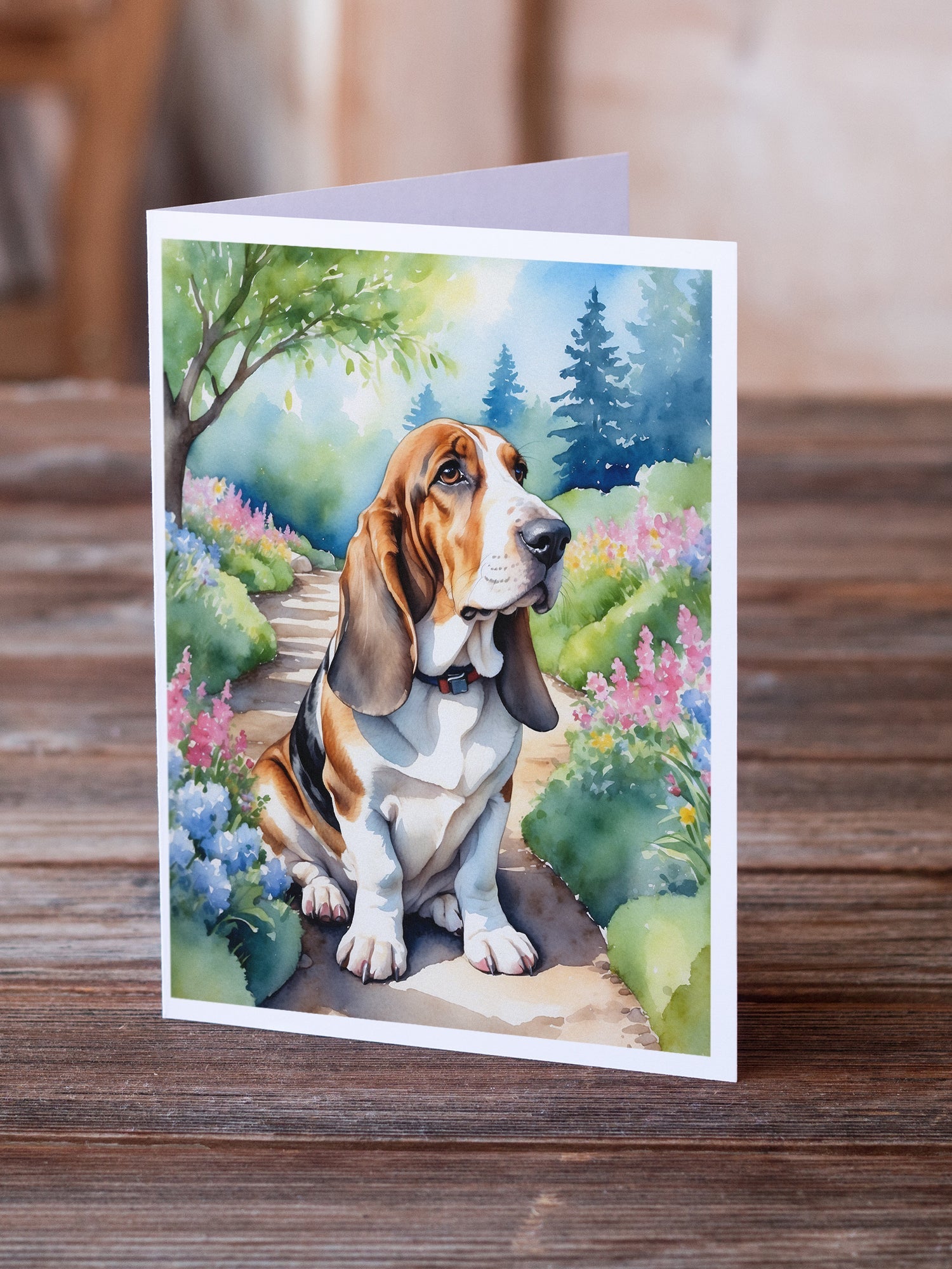Basset Hound Spring Garden Greeting Cards Pack of 8 Blank Cards with Envelopes Whimsical A7 Size 5x7