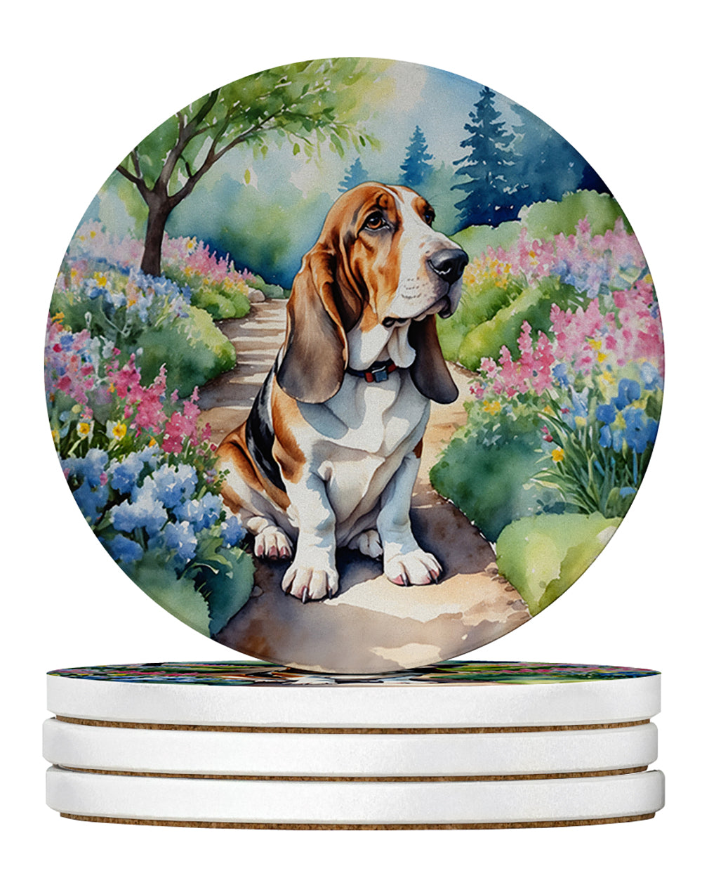 Basset Hound Spring Garden Large Sandstone Coasters Pack of 4 Absorbent Round Coasters Decor Gifts for Men or Women, 4 in, Multicolor