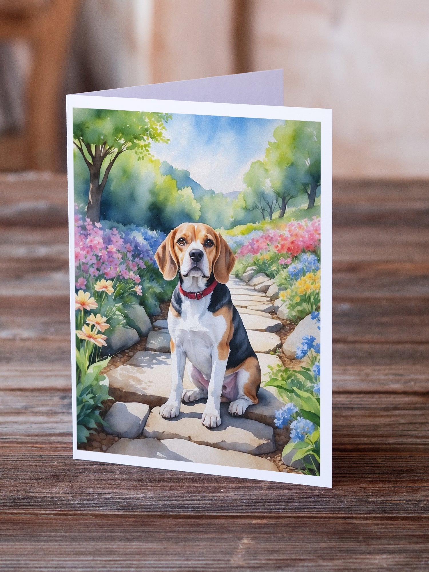Beagle Spring Garden Greeting Cards Pack of 8 Blank Cards with Envelopes Whimsical A7 Size 5x7