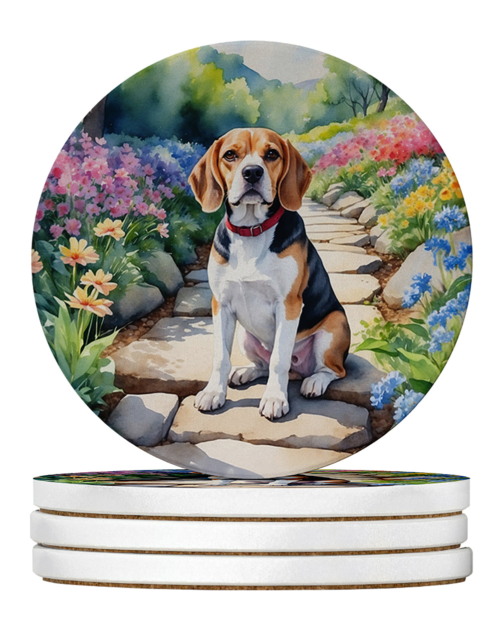 Beagle Spring Garden Large Sandstone Coasters Pack of 4 Absorbent Round Coasters Decor Gifts for Men or Women, 4 in, Multicolor