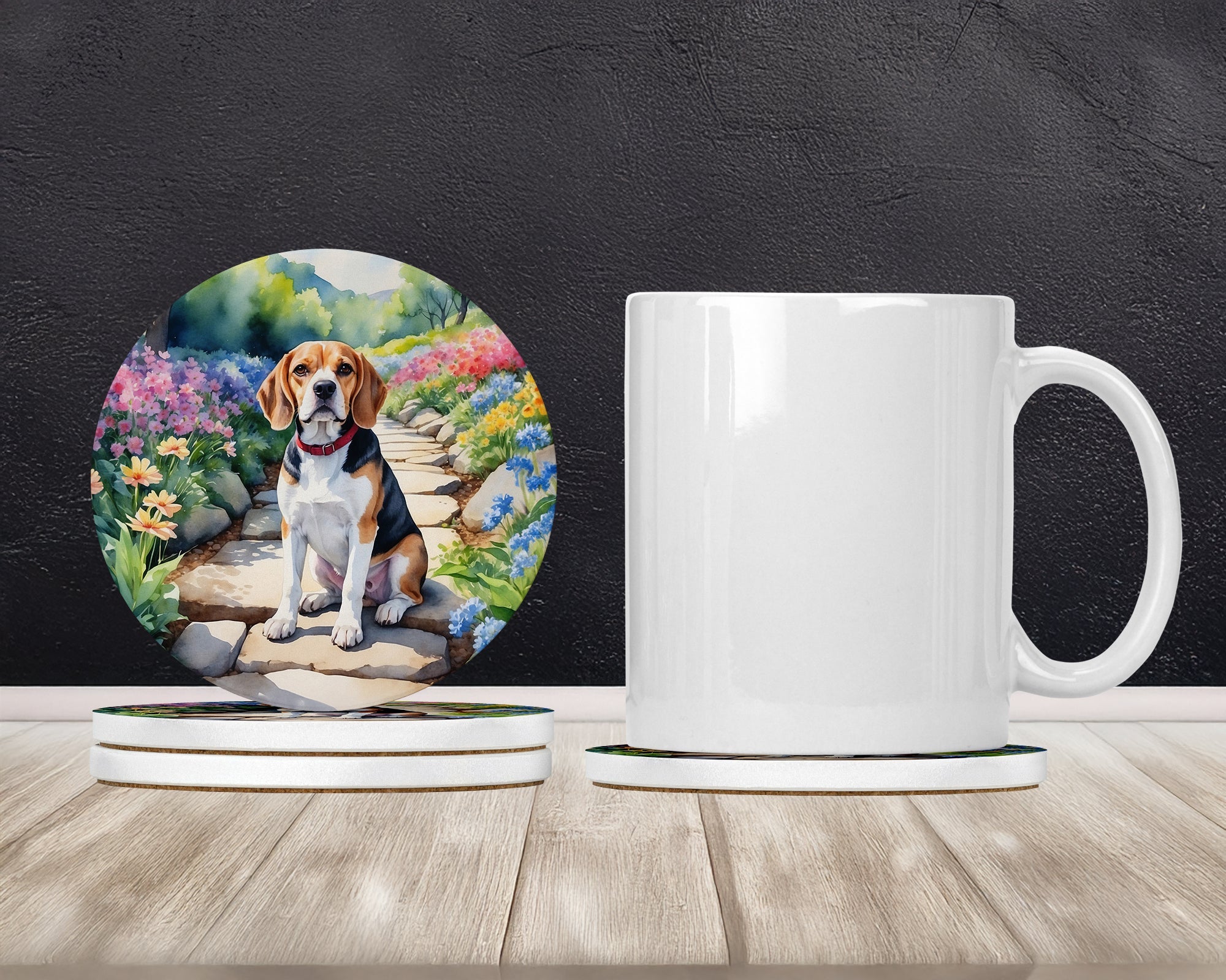 Beagle Spring Garden Large Sandstone Coasters Pack of 4 Absorbent Round Coasters Decor Gifts for Men or Women, 4 in, Multicolor