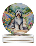 Bearded Collie Spring Garden Large Sandstone Coasters Pack of 4 Absorbent Round Coasters Decor Gifts for Men or Women, 4 in, Multicolor